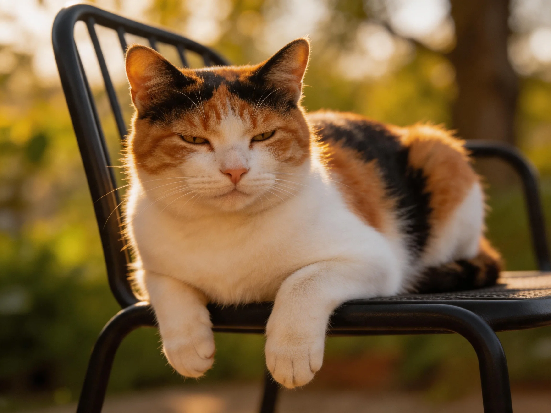 A calico cat relaxes on a black metal chair in a sunlit outdoor space.