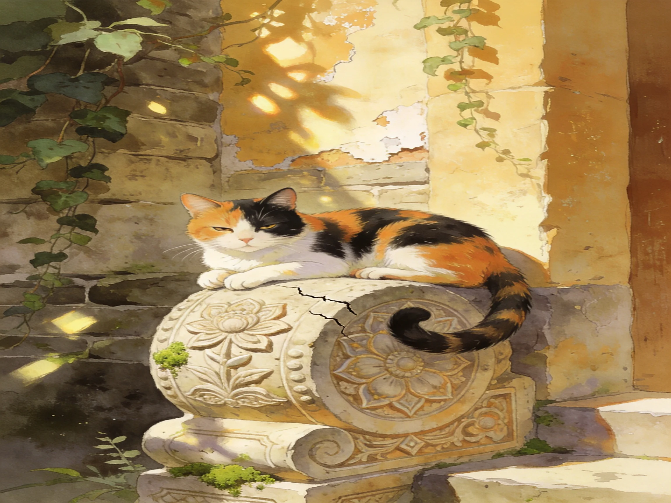 A calico cat lounges on a carved stone pedestal near aged walls