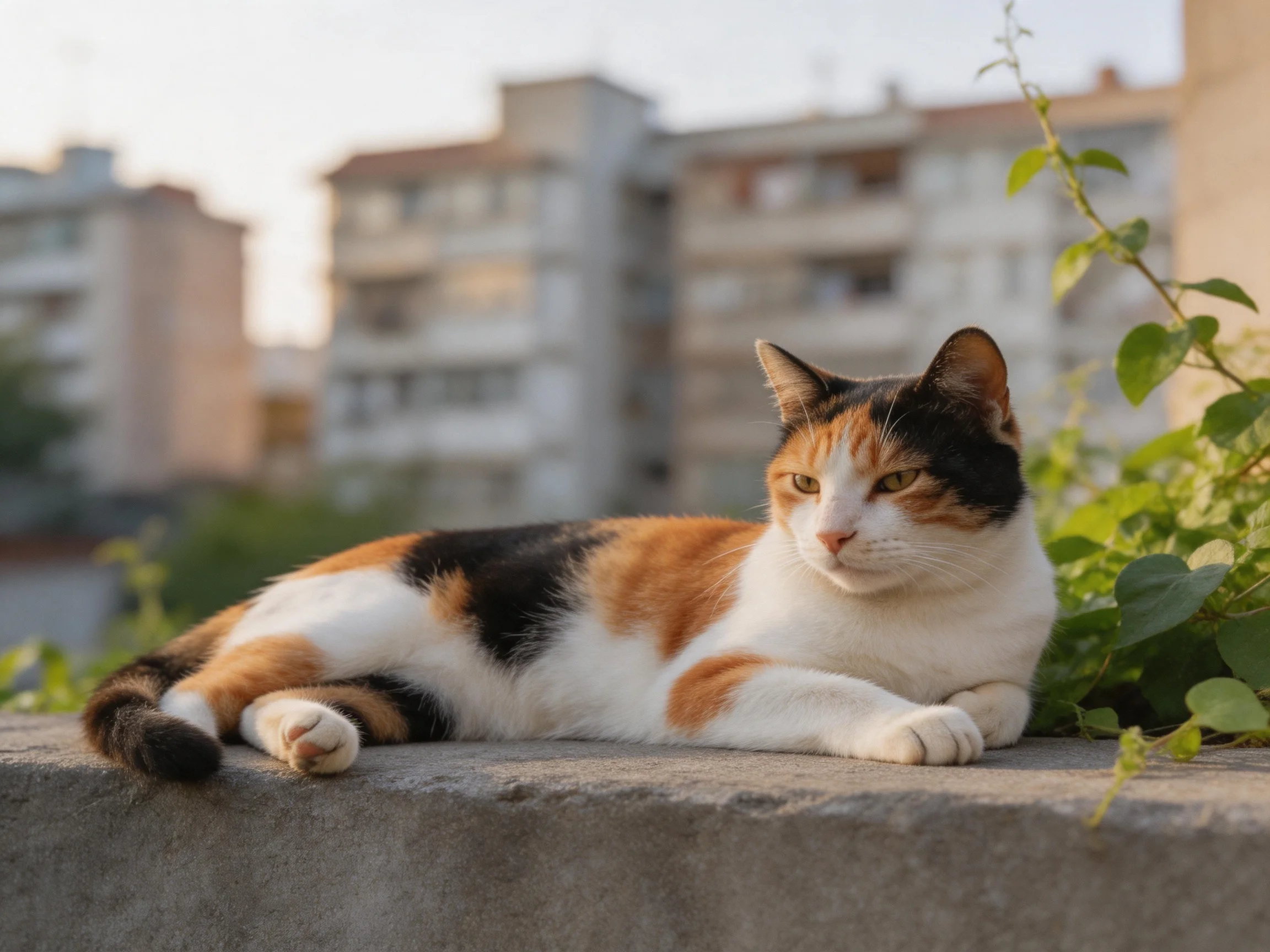 A calico cat lounges on a concrete ledge amid greenery with apartment buildings