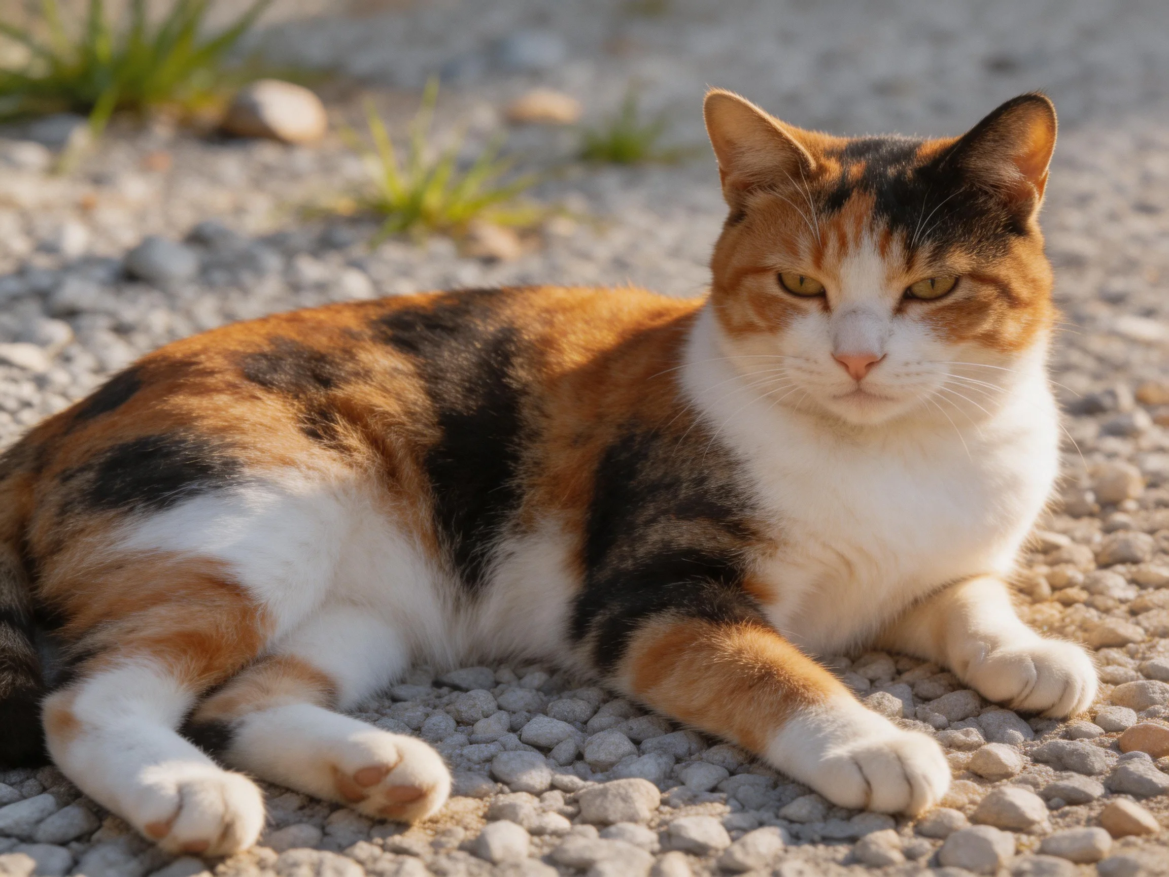 A calico cat relaxes on a gravel surface outdoors.