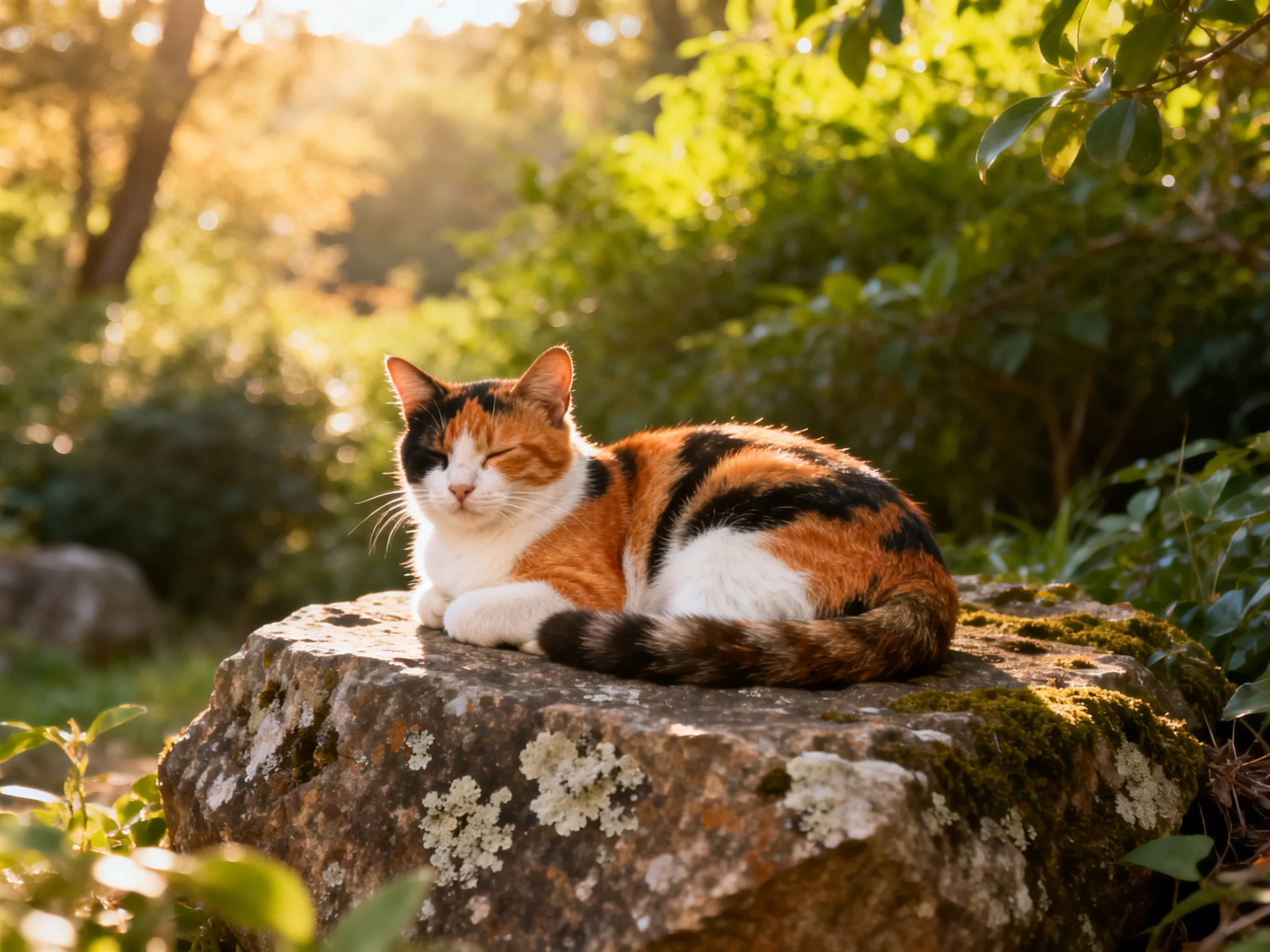 A calico cat relaxes on a mossy stone in a sunlit garden.