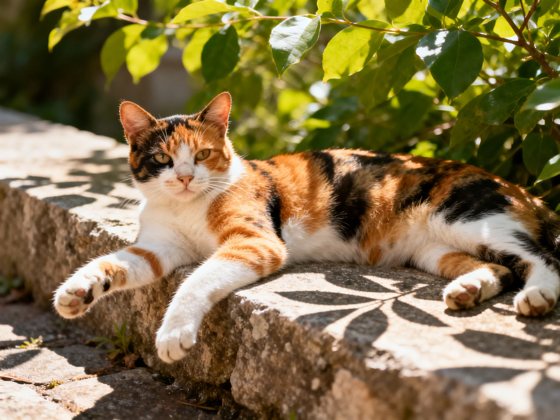 A calico cat relaxes on a stone ledge surrounded by greenery in bright sunlight.