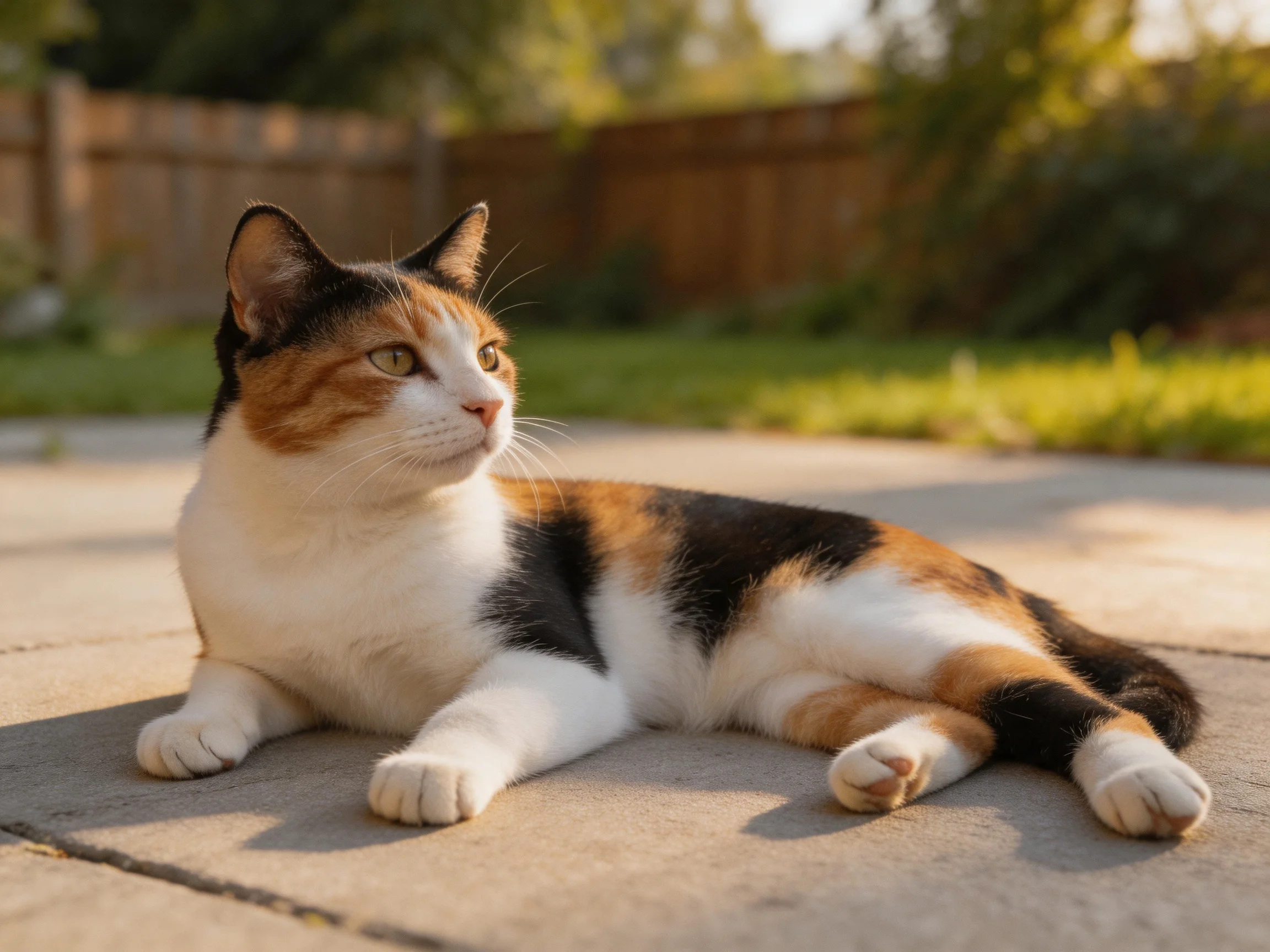 A calico cat lounges on a stone patio in a sunlit backyard