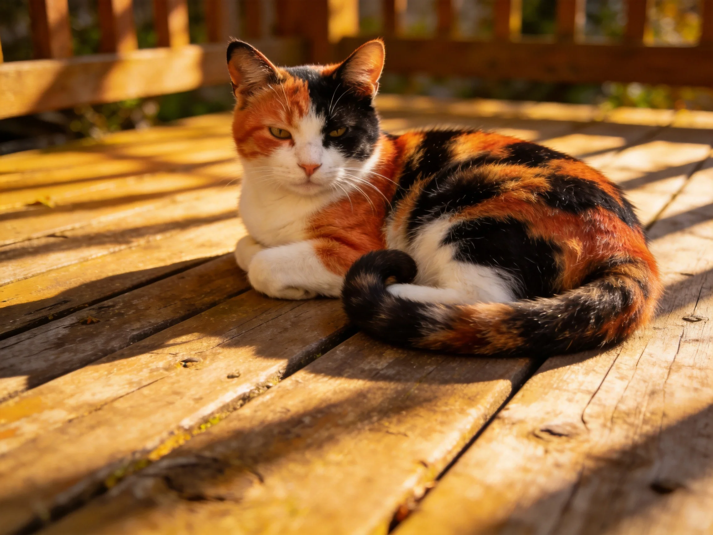 A calico cat lounges on a sun-drenched wooden deck