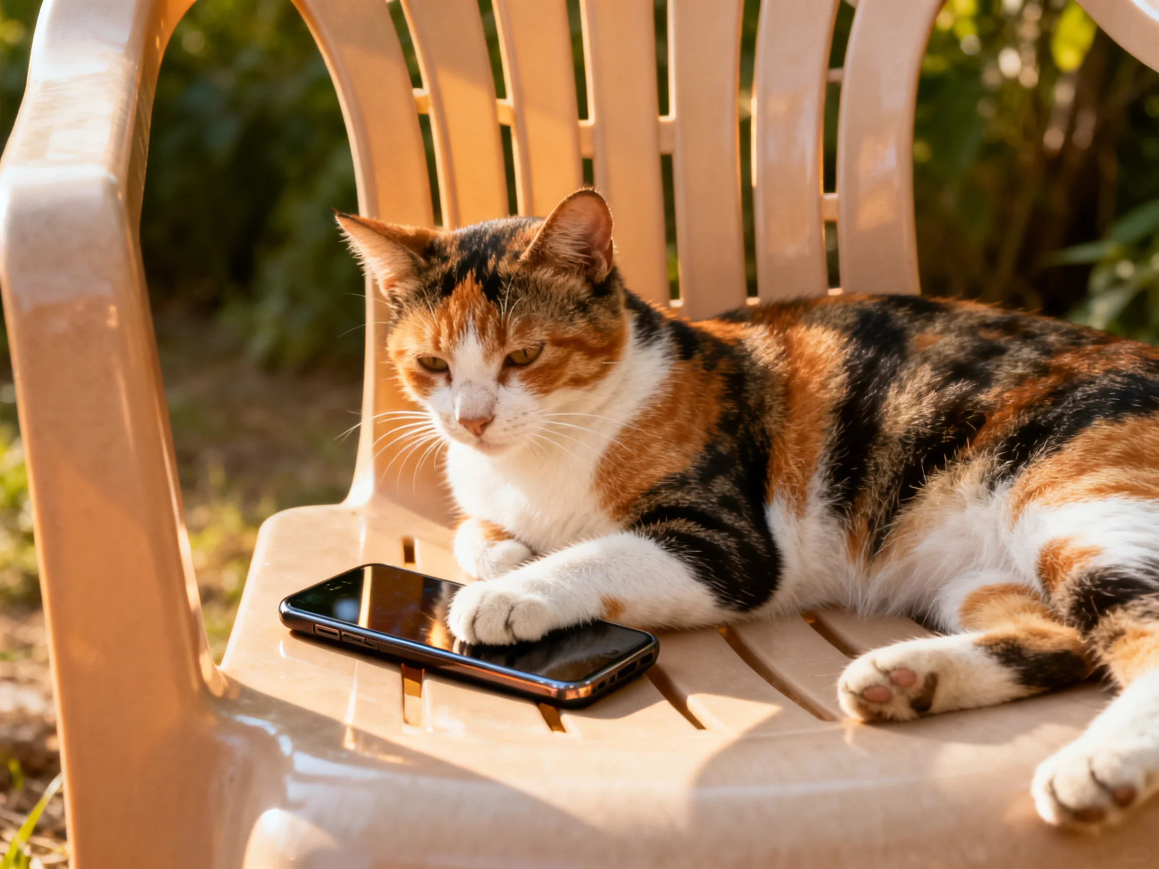 A calico cat lounges on a tan plastic chair beside a black smartphone