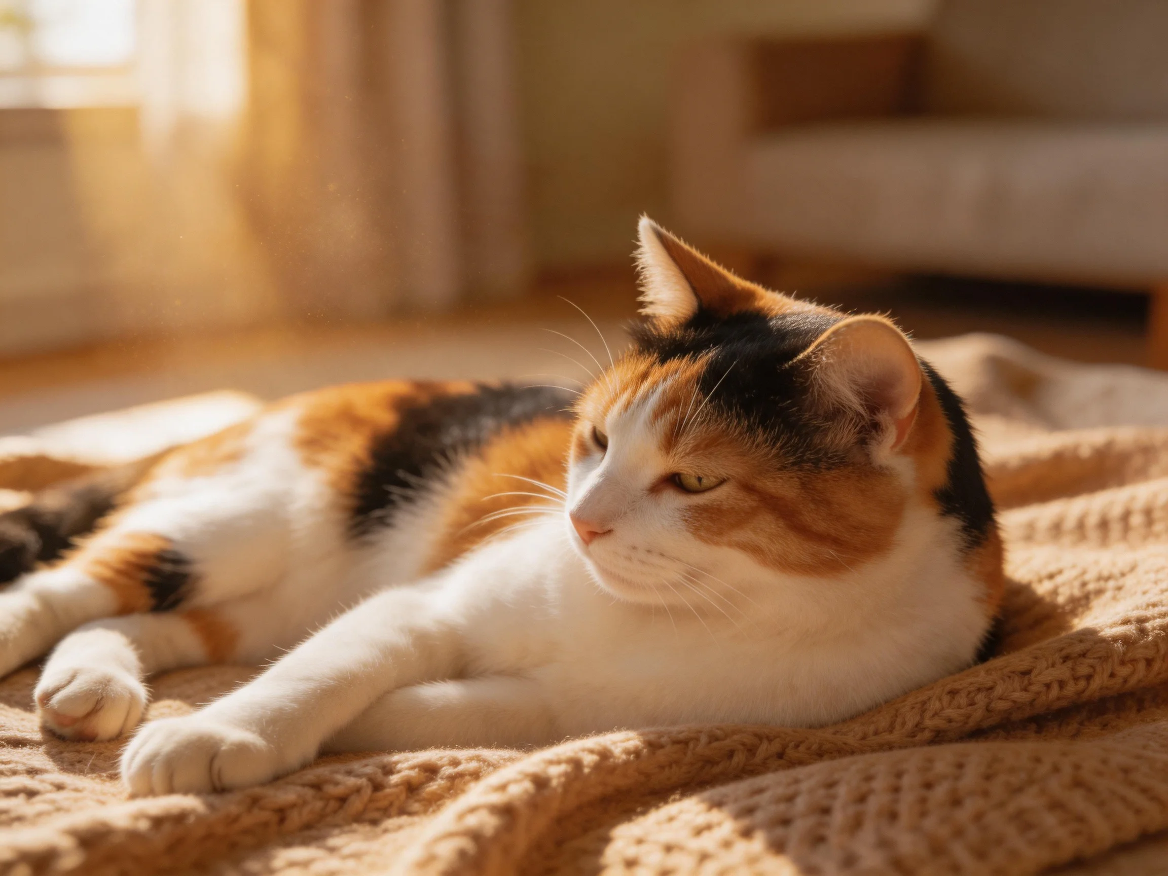 A calico cat lounges on a textured beige blanket in warm sunlight