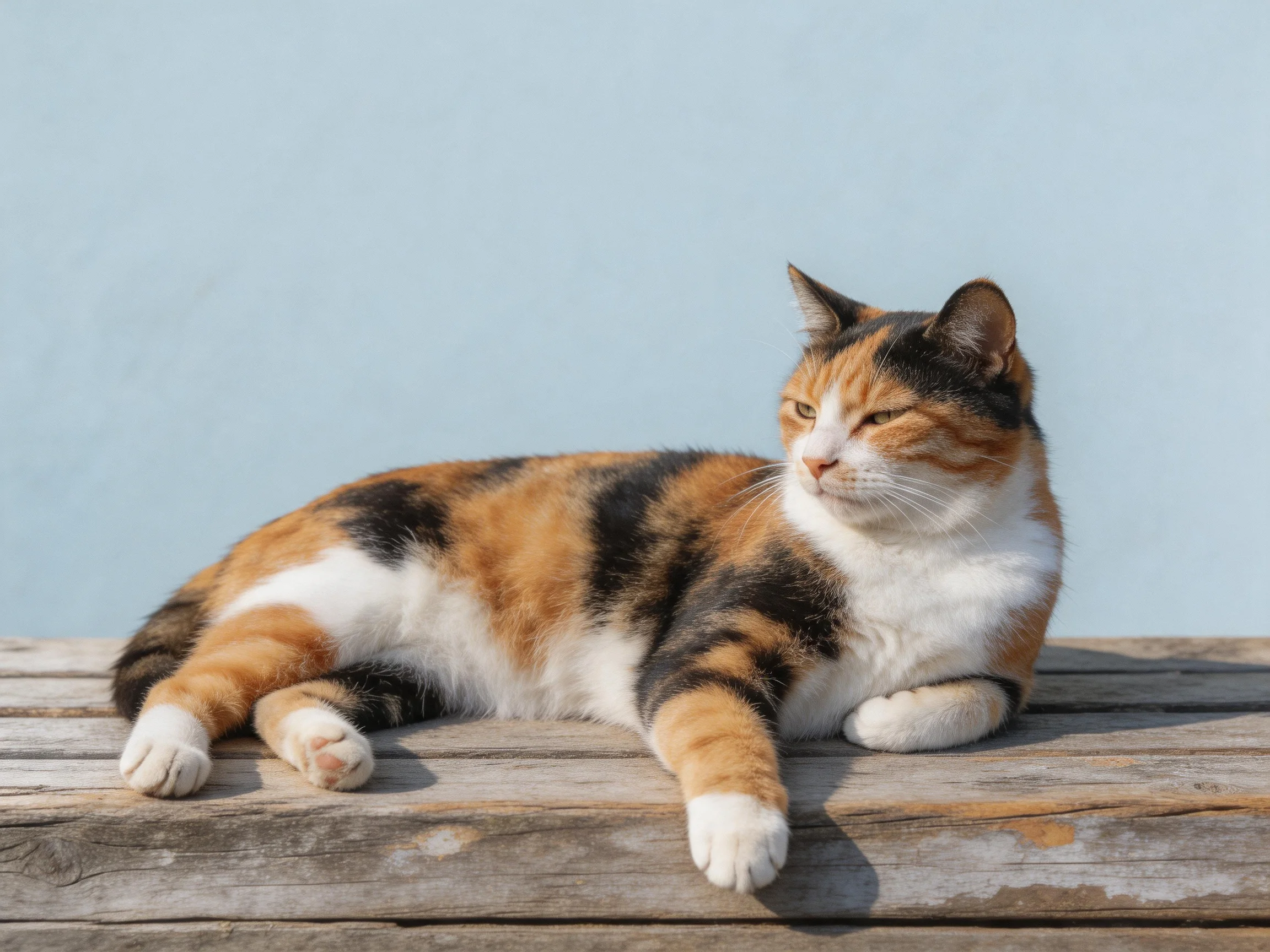 A calico cat relaxes on a weathered wooden surface with a pale blue backdrop.