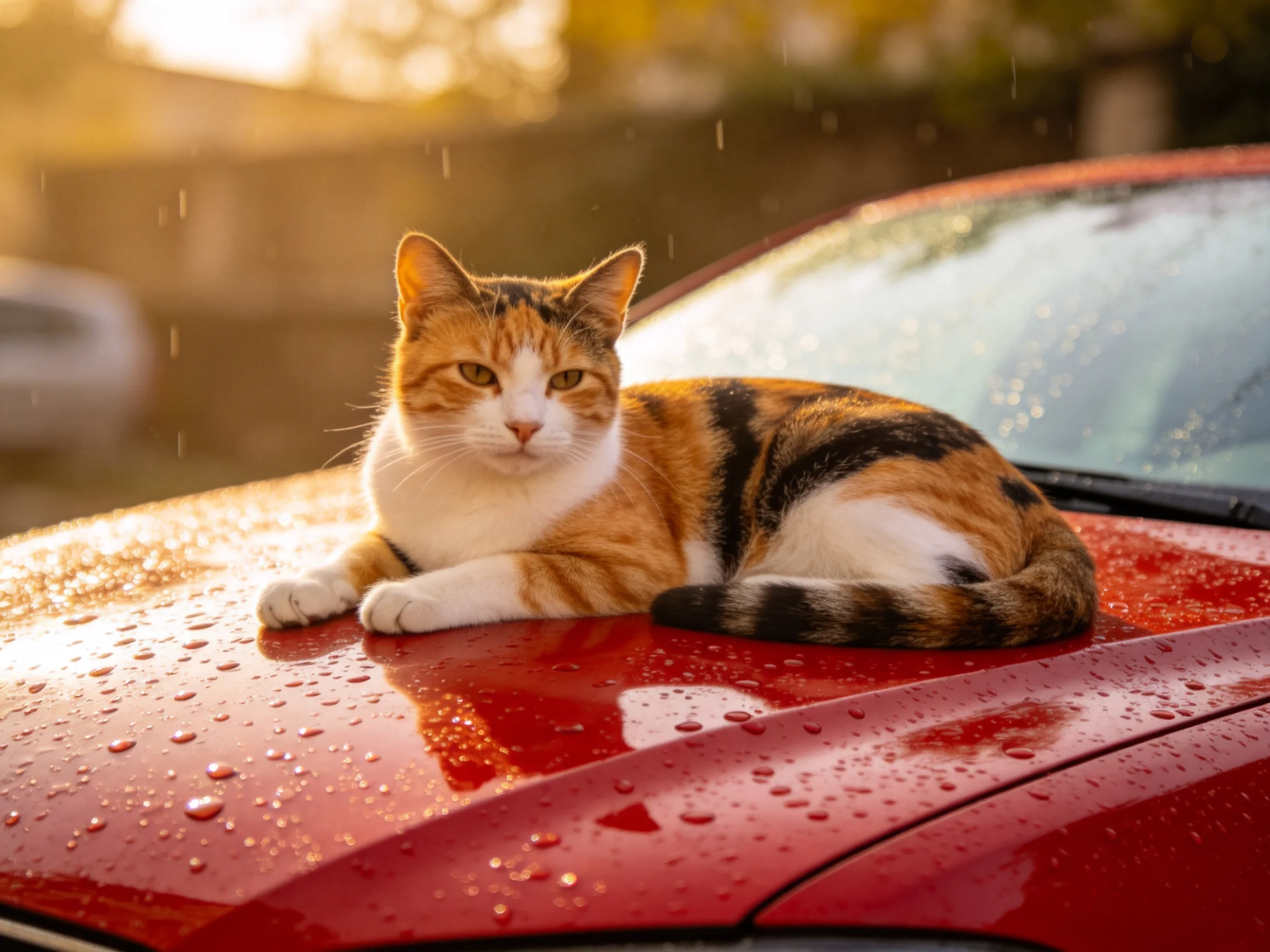 A calico cat lounges on a wet red car hood amid falling rain