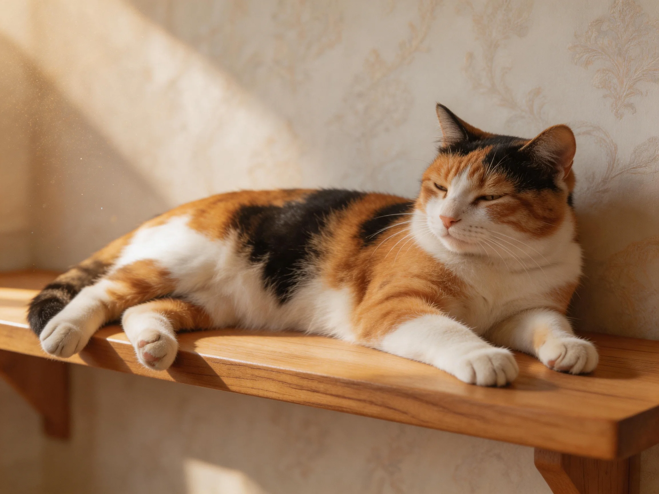 A calico cat relaxes on a wooden shelf in sunlight.