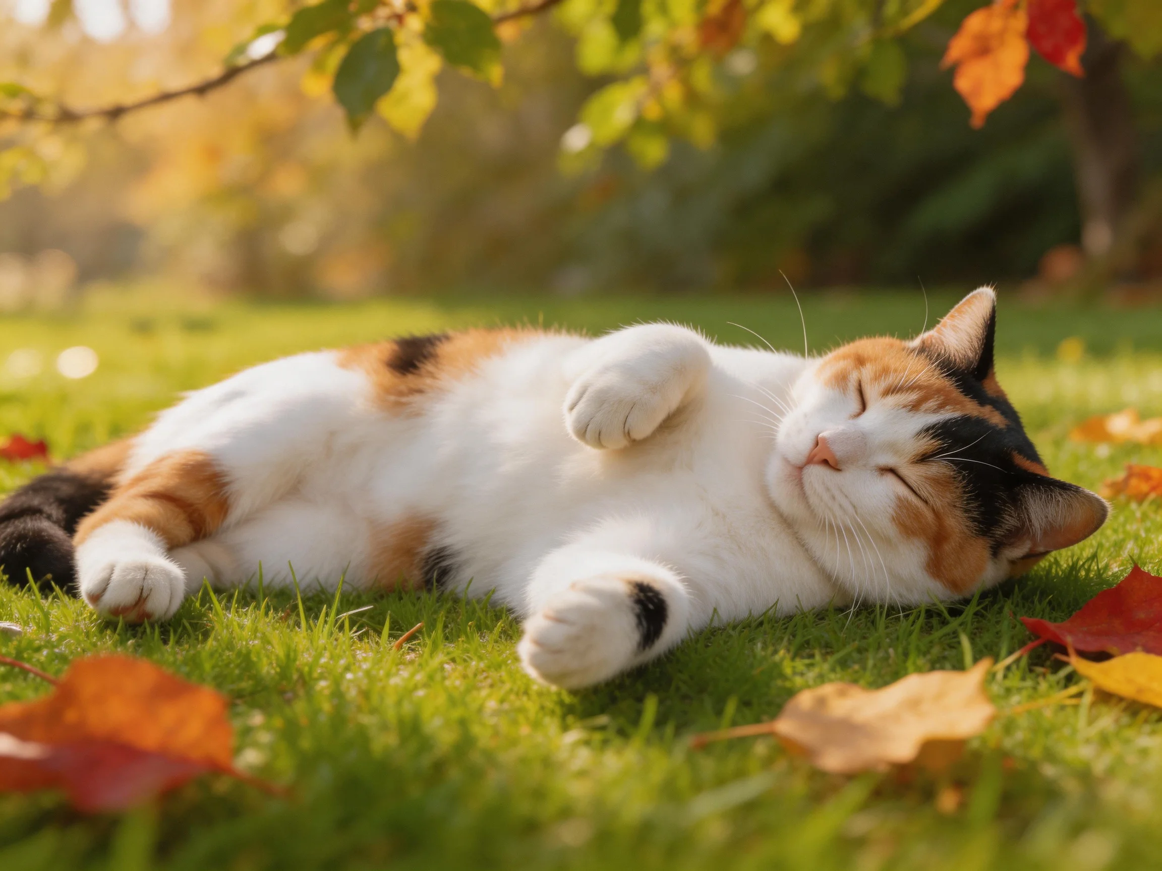A calico cat relaxes on grass surrounded by autumn leaves in bright sunlight.