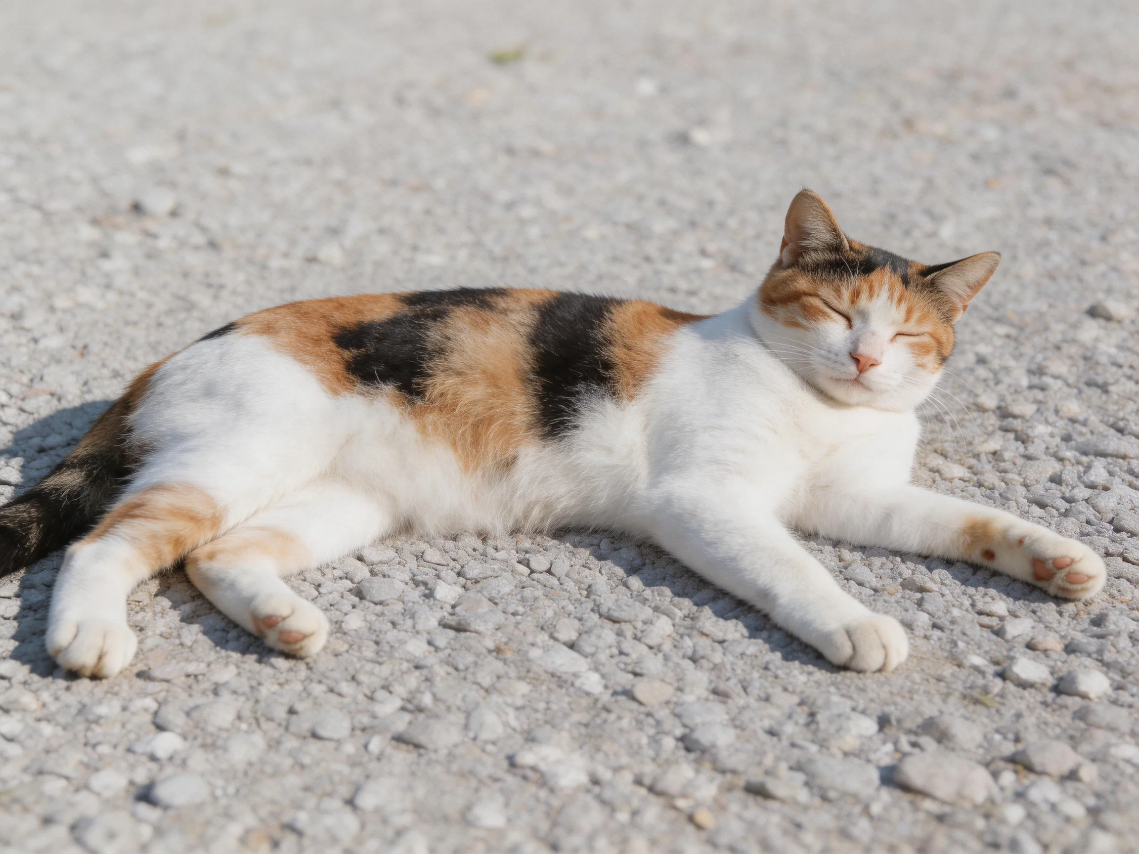 A calico cat rests comfortably on gray gravel in a weather