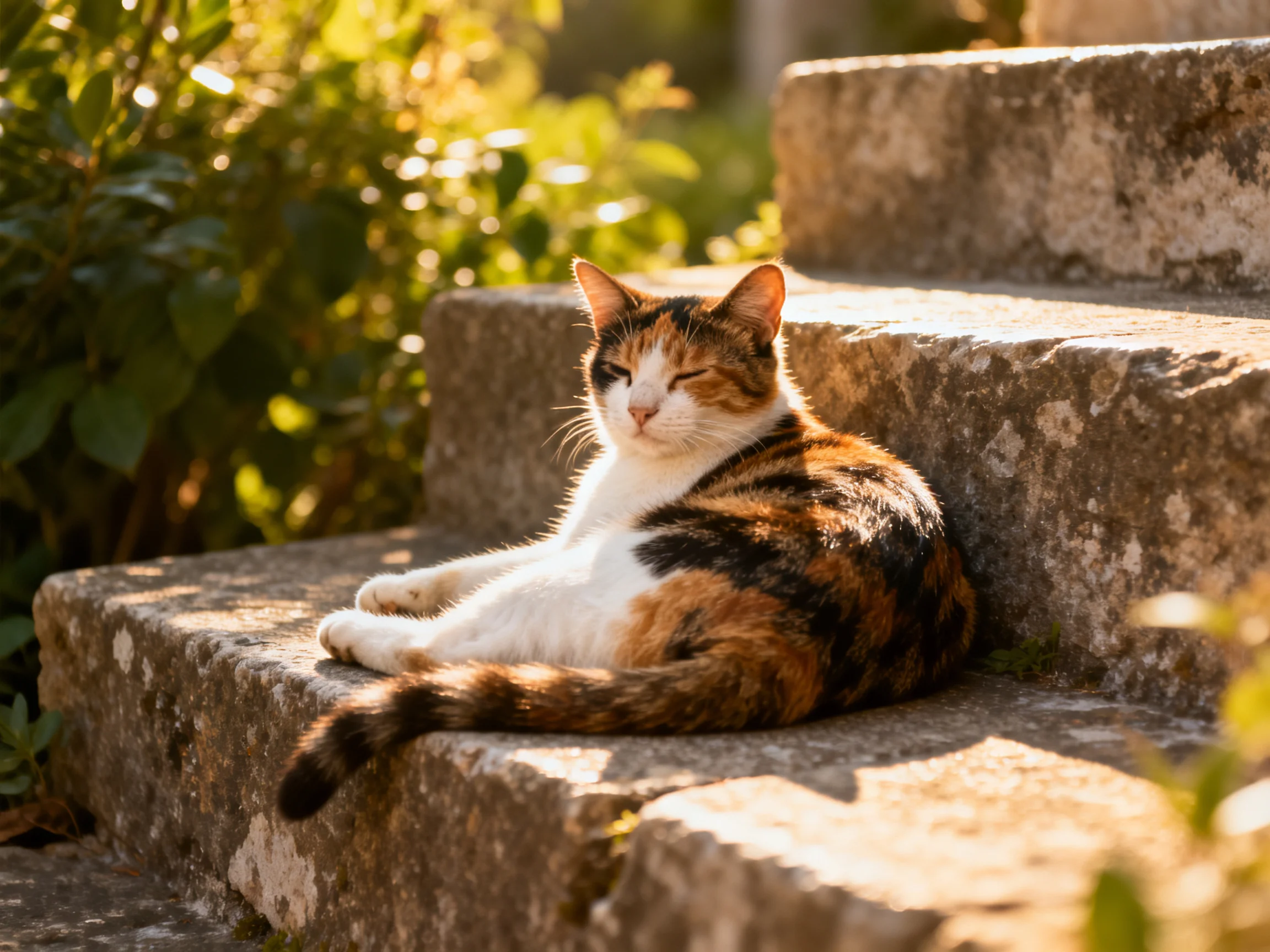 A calico cat relaxes on stone steps in sunlight