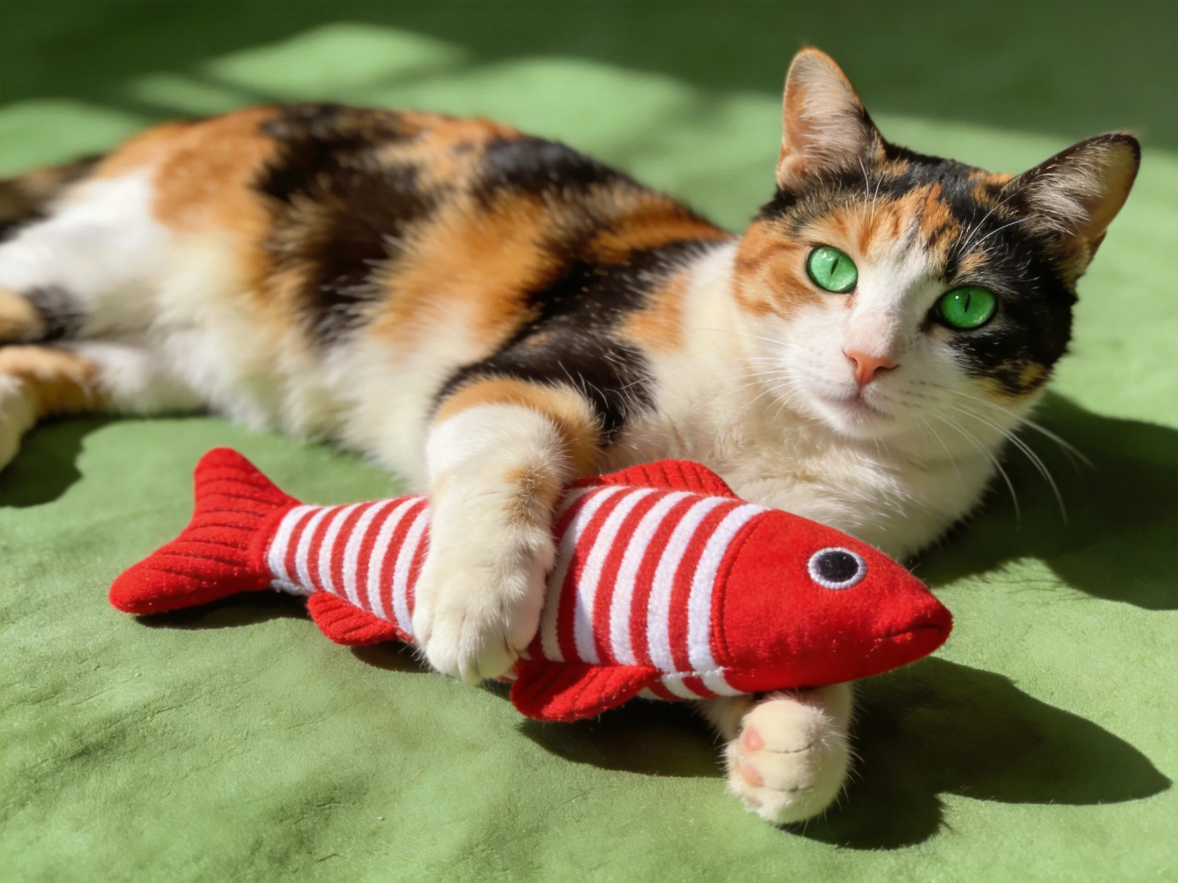 A calico cat relaxes while holding a red striped plush fish toy on a green surface