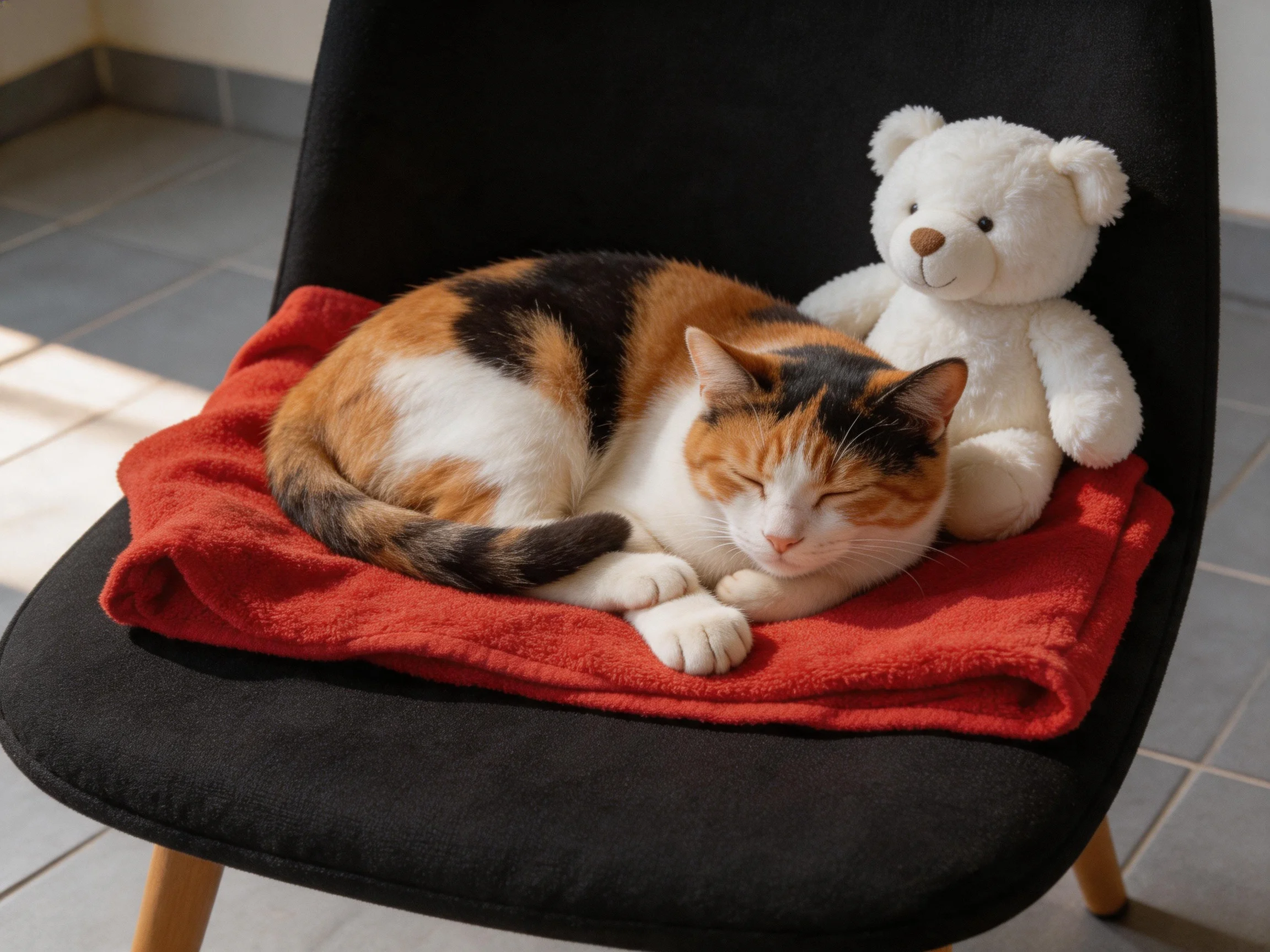 A calico cat sleeps next to a white teddy bear on a red towel