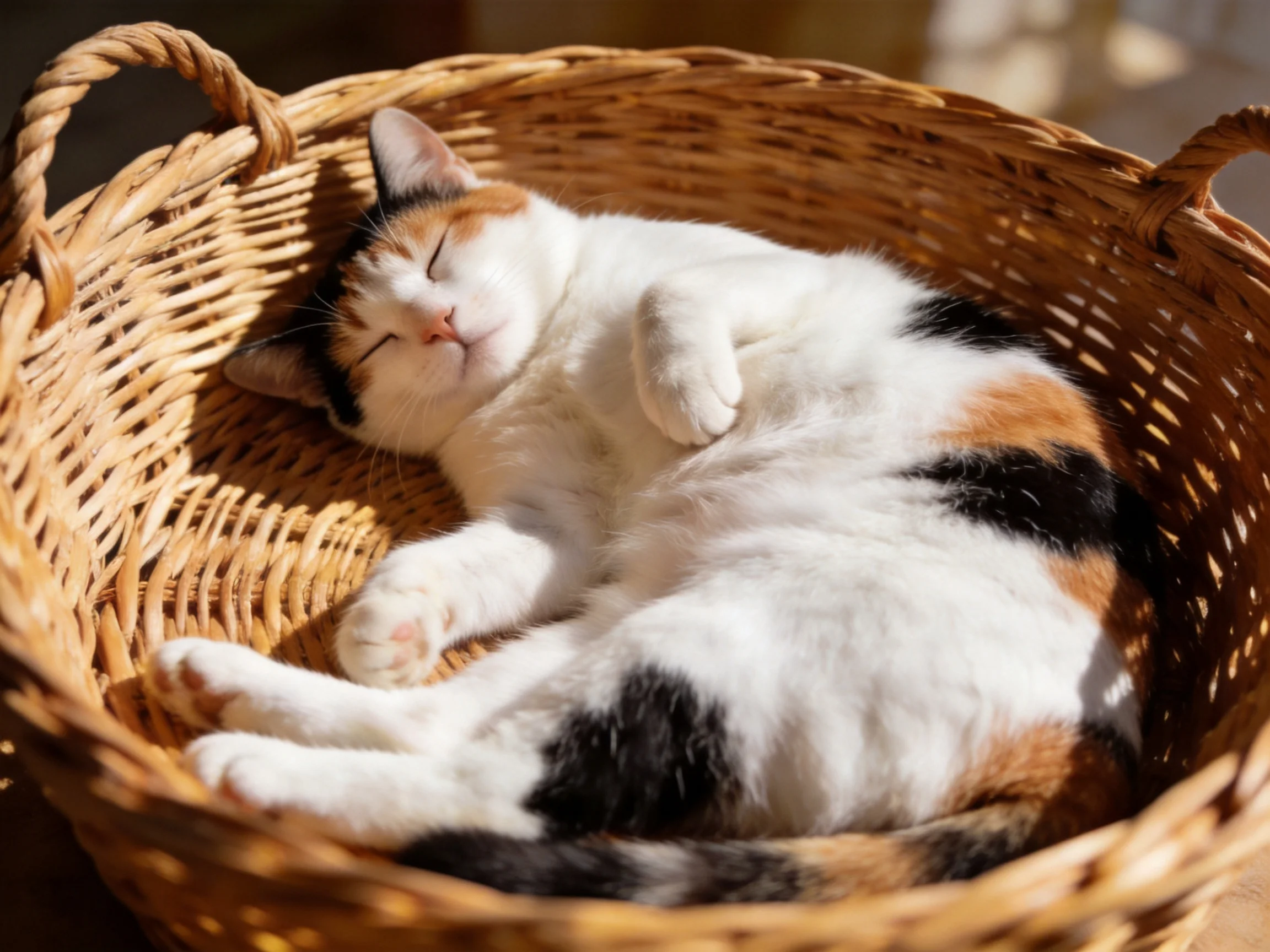 A calico cat naps contentedly in a woven wicker basket under warm sunlight