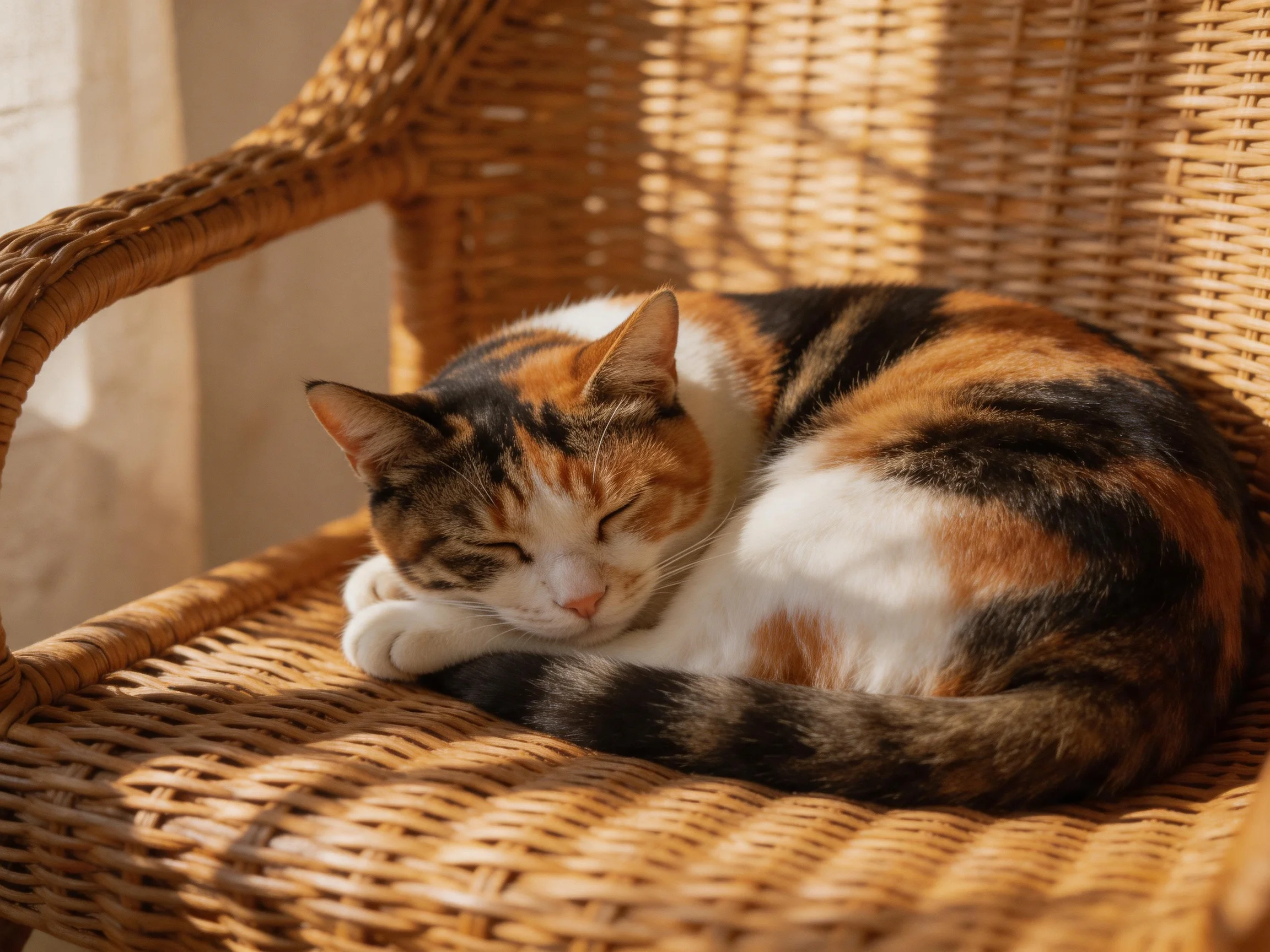 A calico cat naps contentedly on a woven wicker chair in sunlight