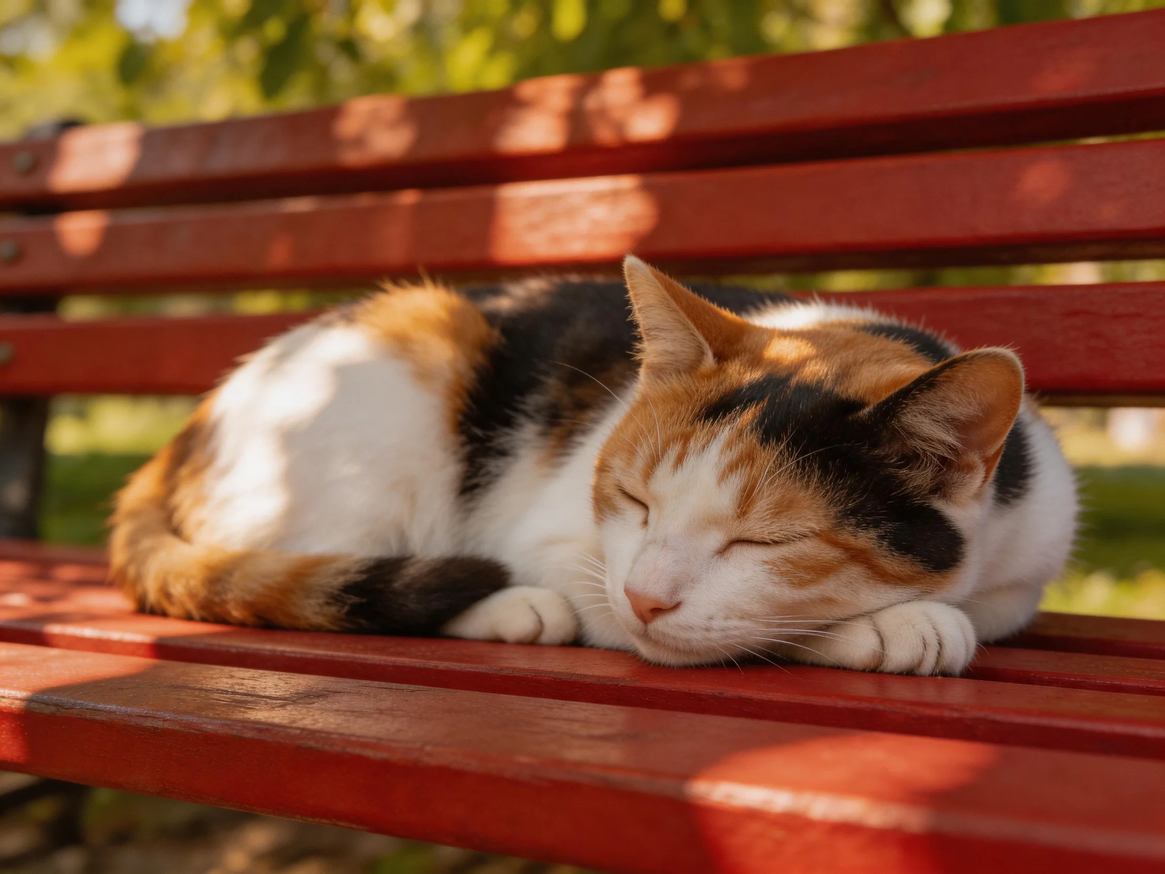 A calico cat naps on a bright red wooden park bench
