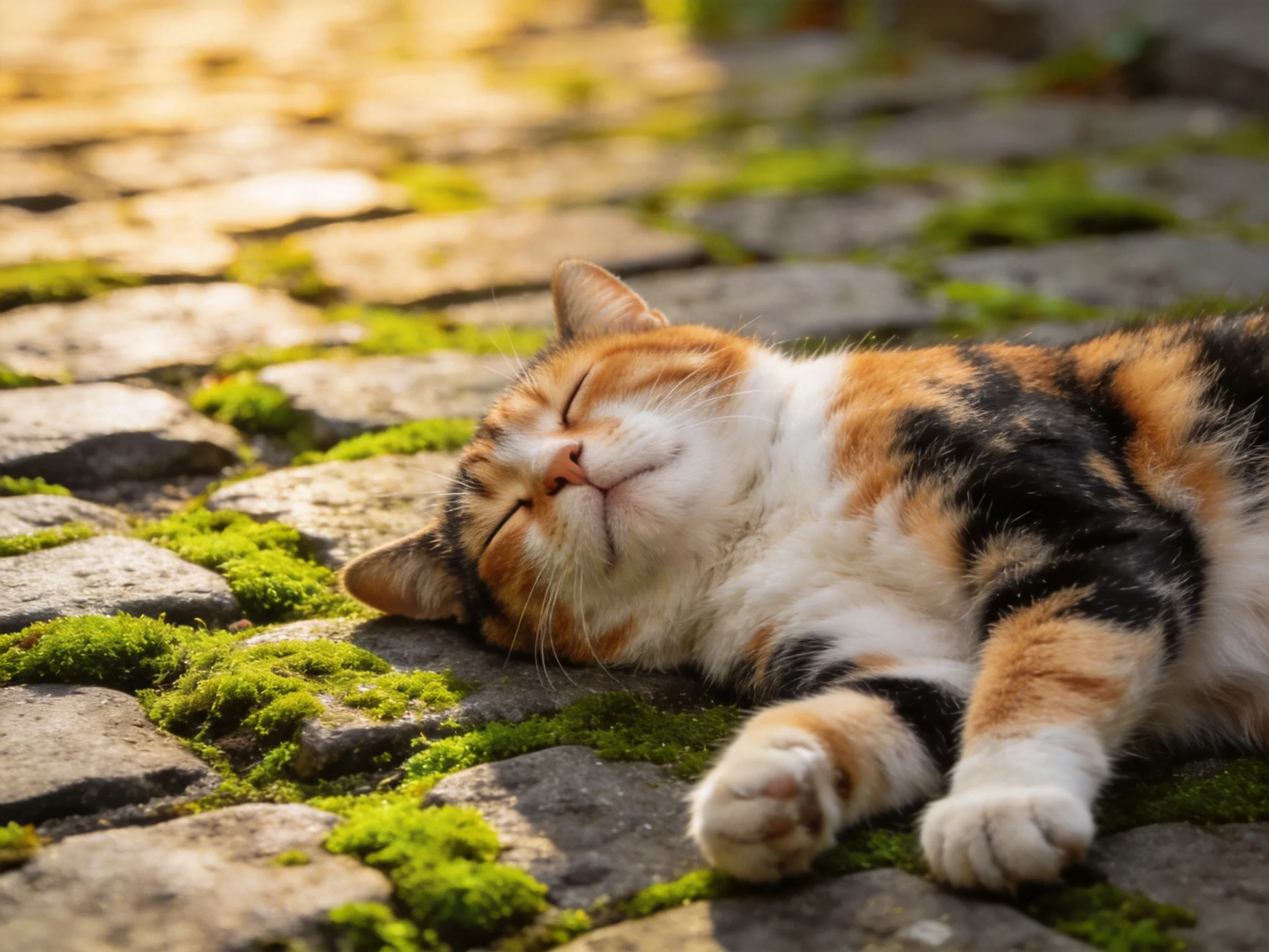 A calico cat naps on a mossy cobblestone path in golden light
