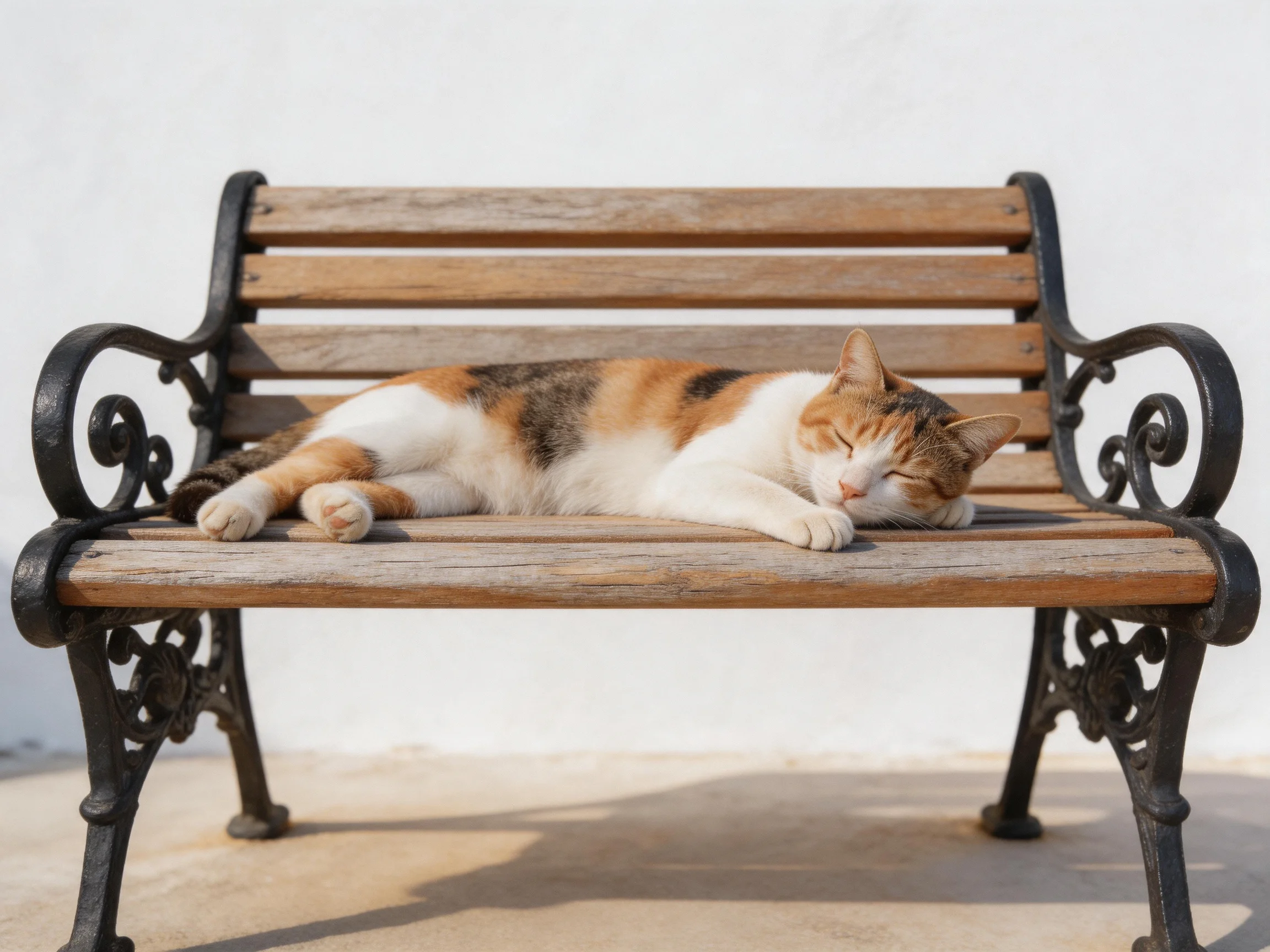 A calico cat rests on a wooden bench under bright sunlight.