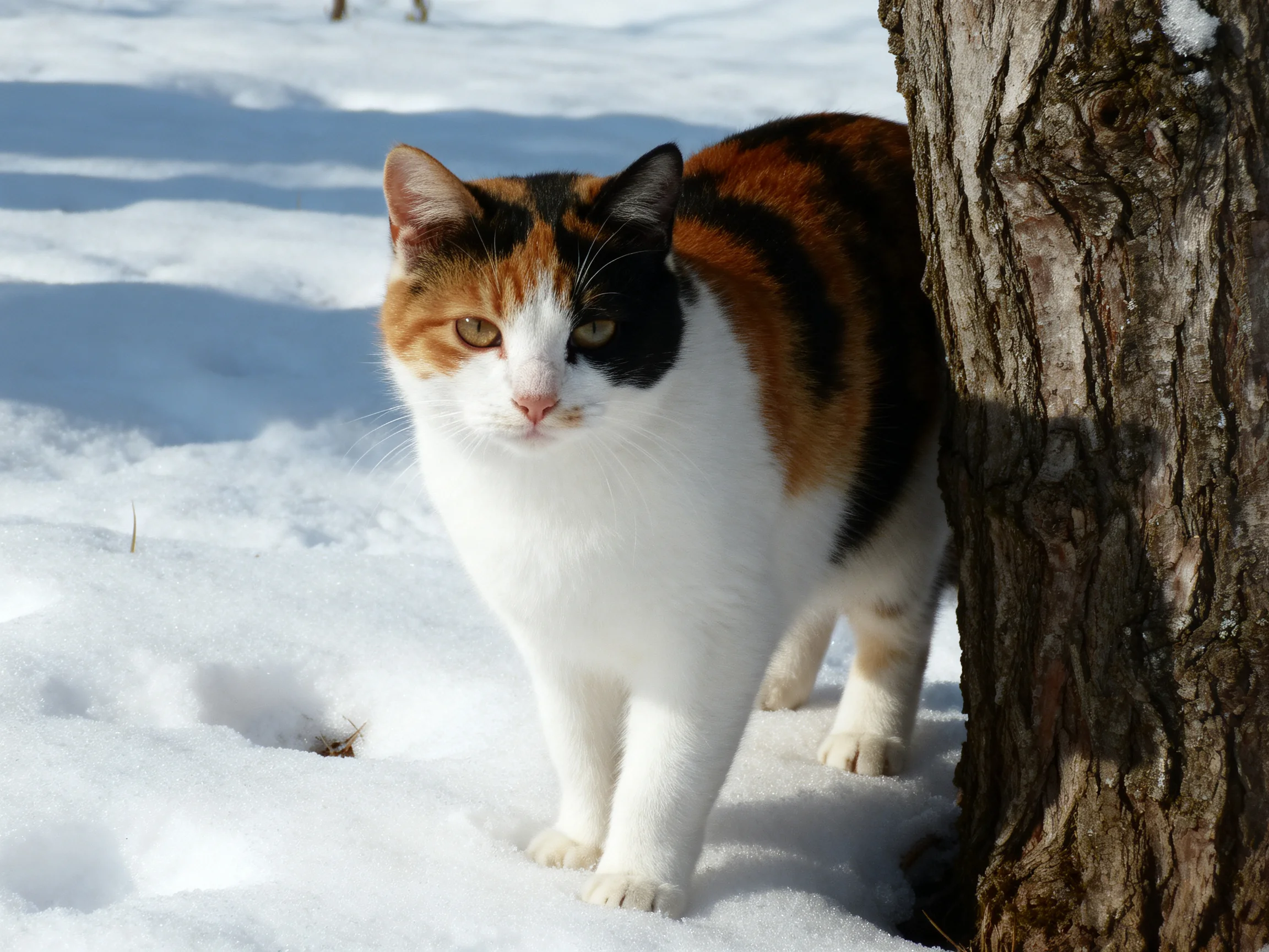 A calico cat near a tree on a snowy landscape