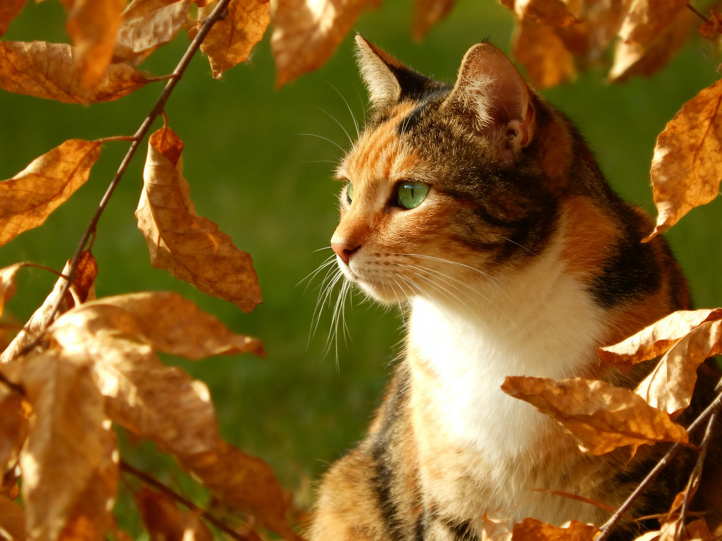 A calico cat sits among golden autumn leaves in a sunlit outdoor setting.