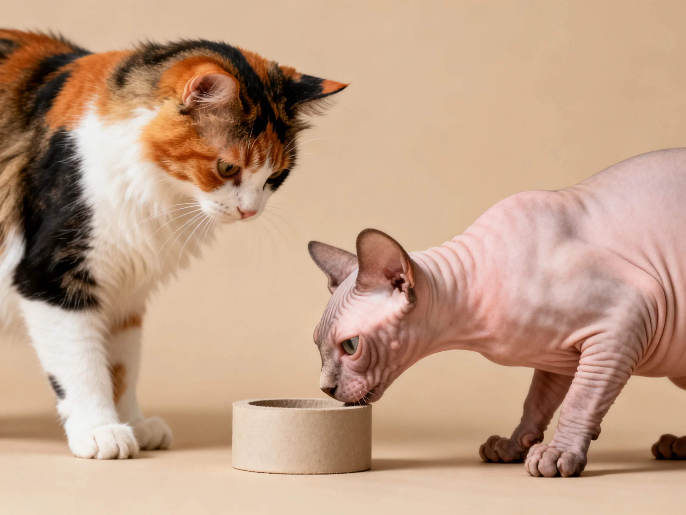 A calico cat observes a hairless cat near a beige container