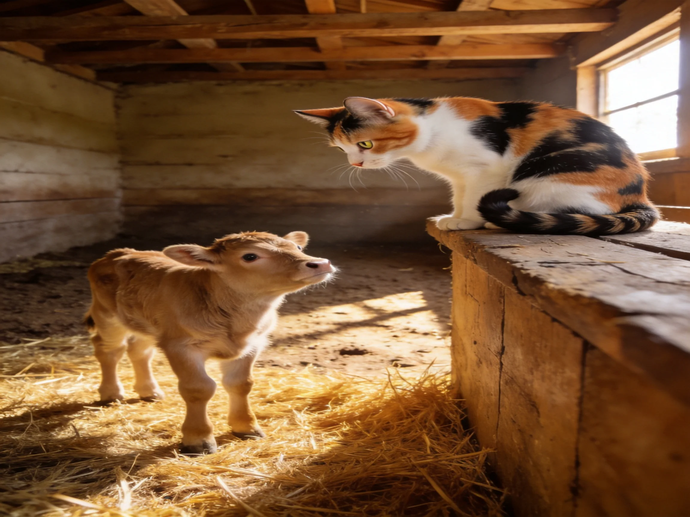 A calico cat observes a small brown calf in a wooden barn