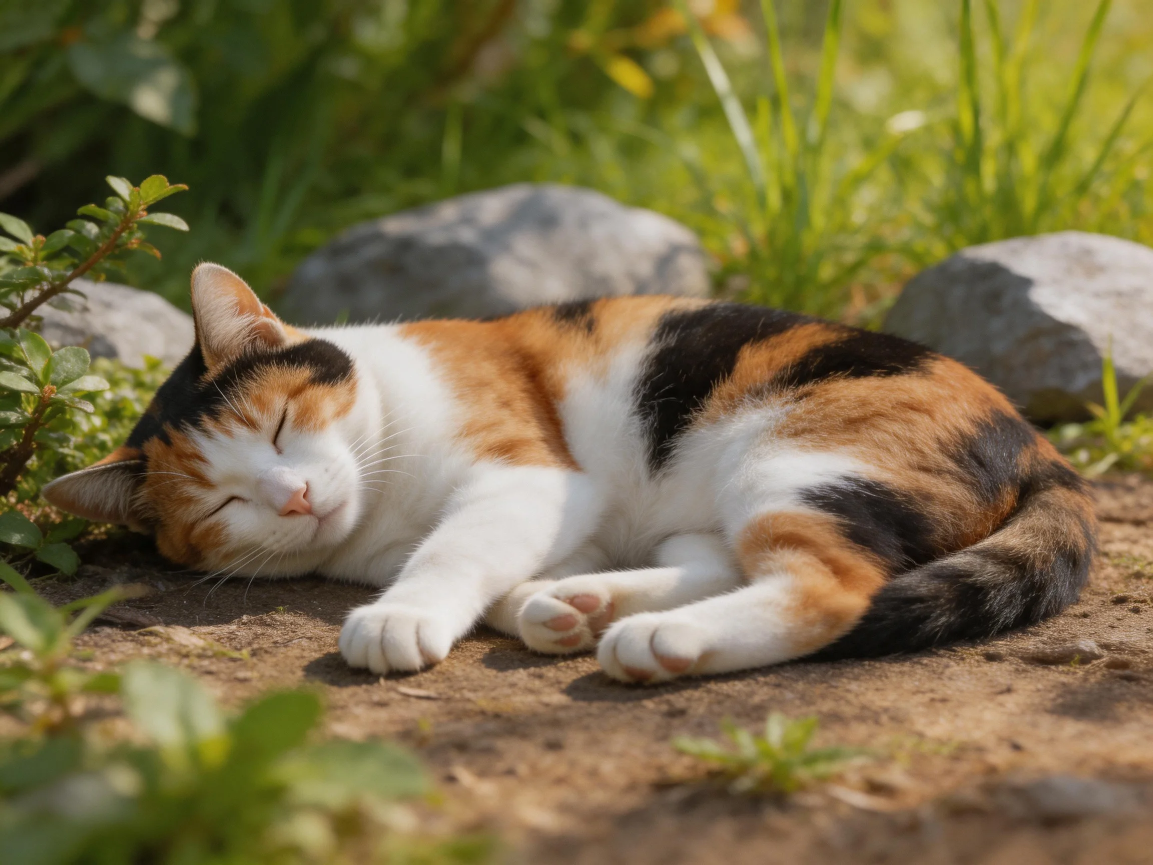 A calico cat peacefully sleeps near rocks and vibrant greenery