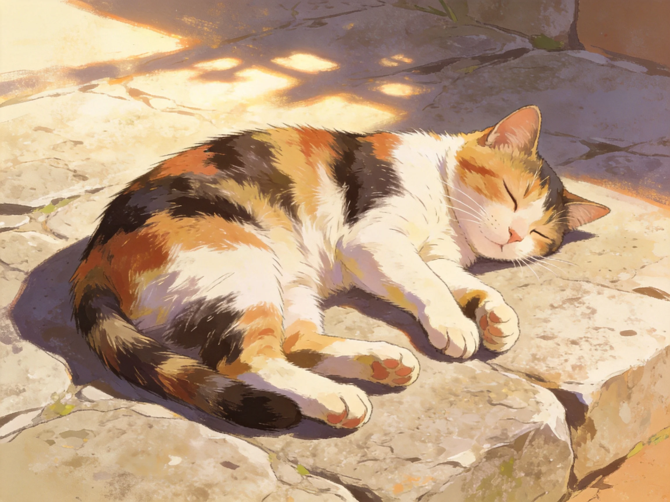 A calico cat peacefully sleeps on a sunlit stone pathway