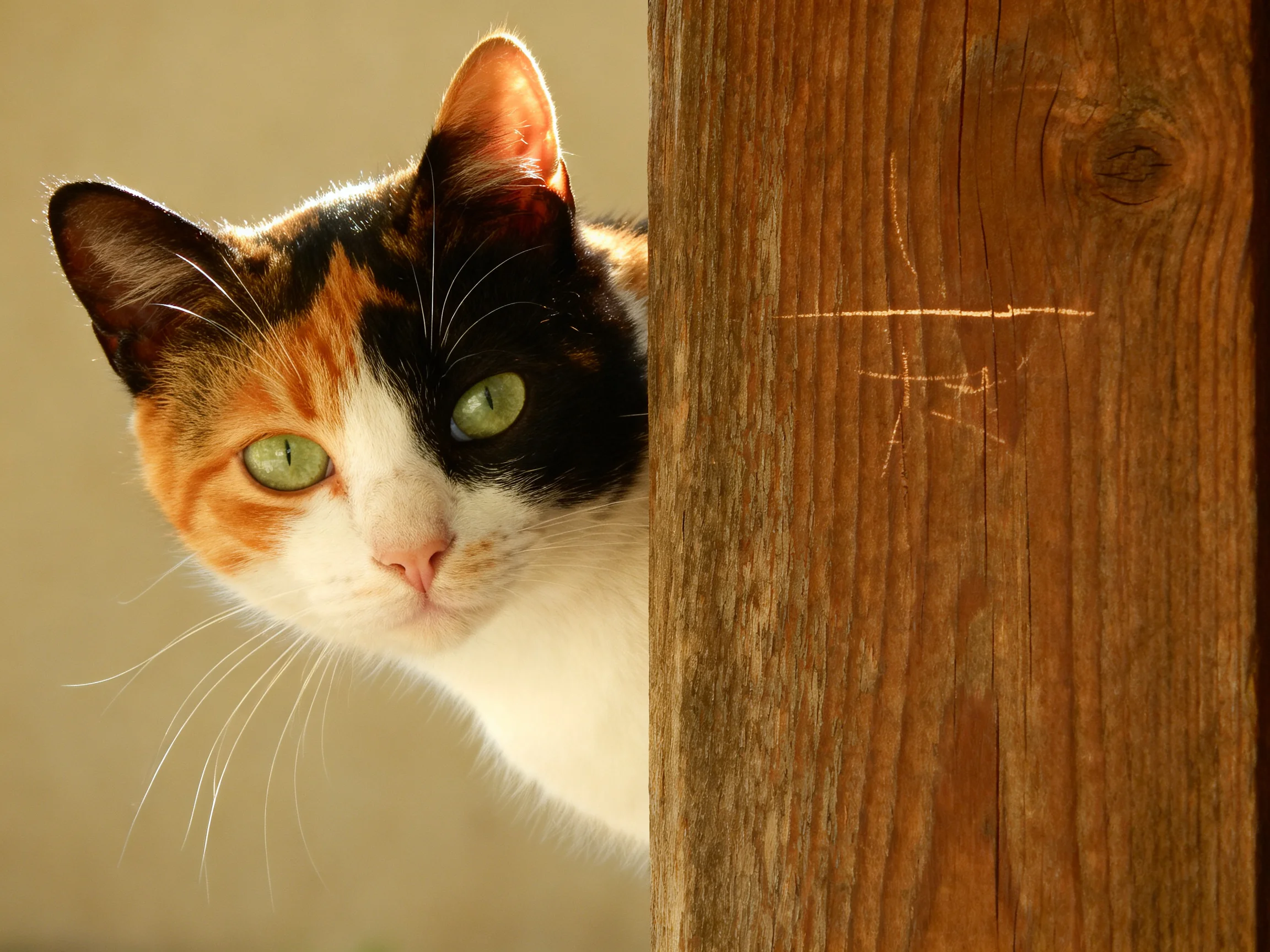 A calico cat peeks partially hidden by a wooden post