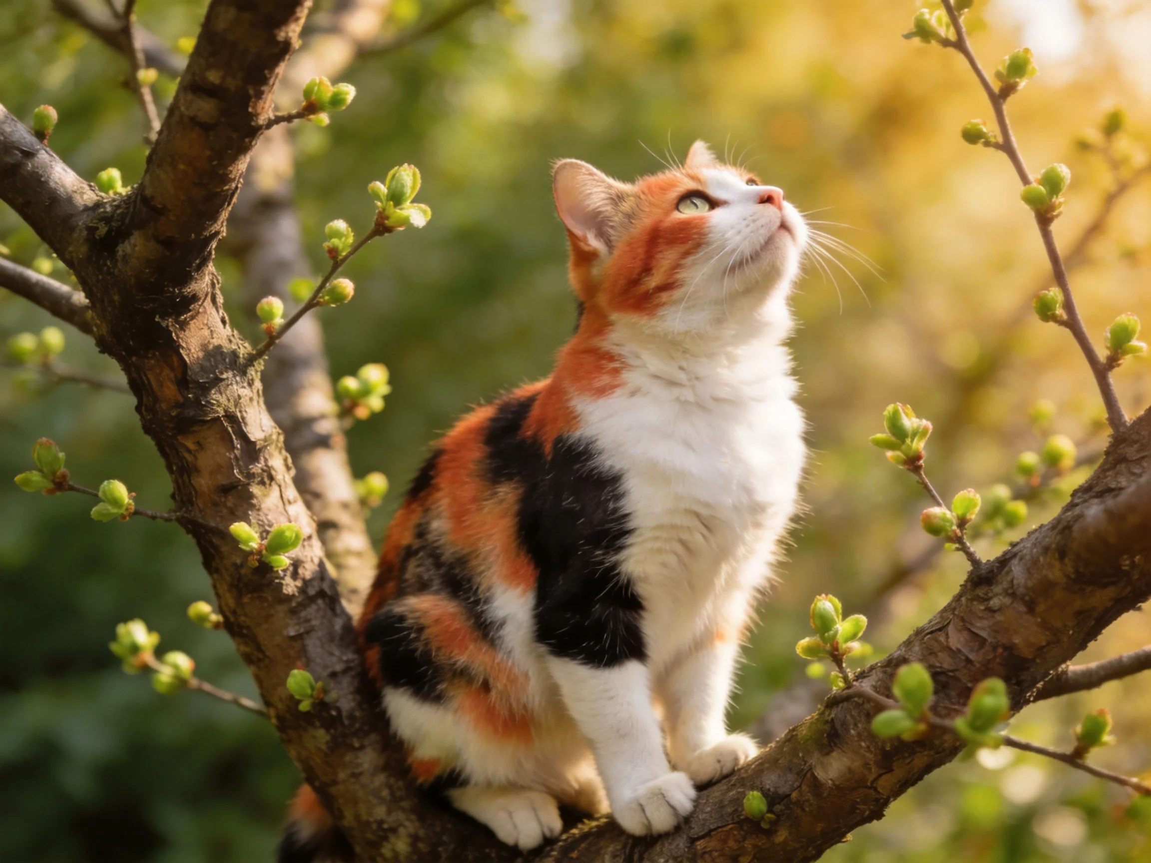 A calico cat perched on a tree branch with budding green blossoms