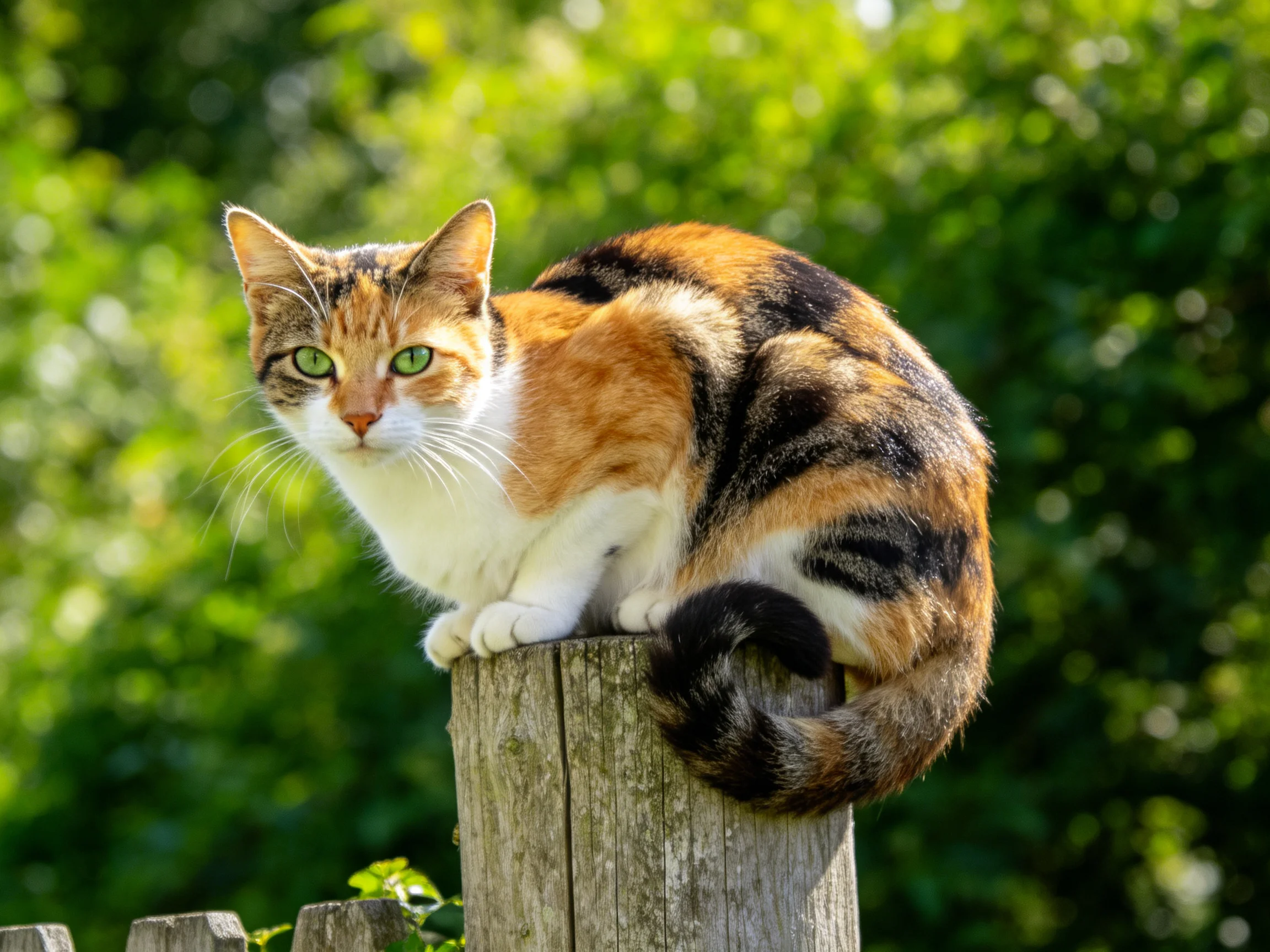A calico cat sits on a wooden post in a sunlit, leafy setting.