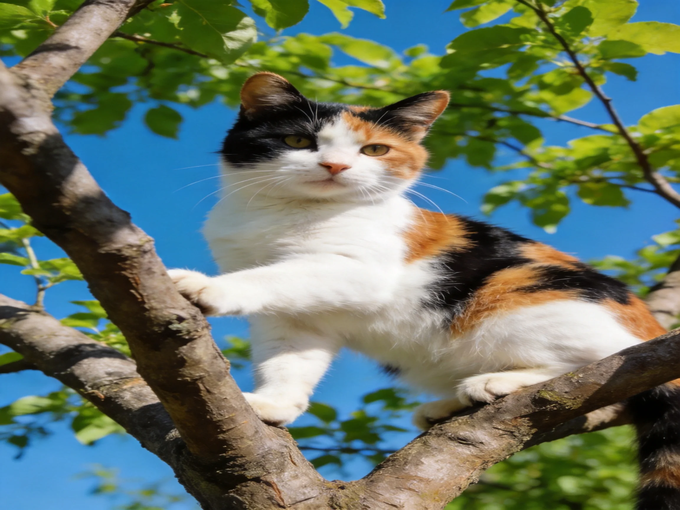 A calico cat sits on tree branches surrounded by greenery and blue sky.