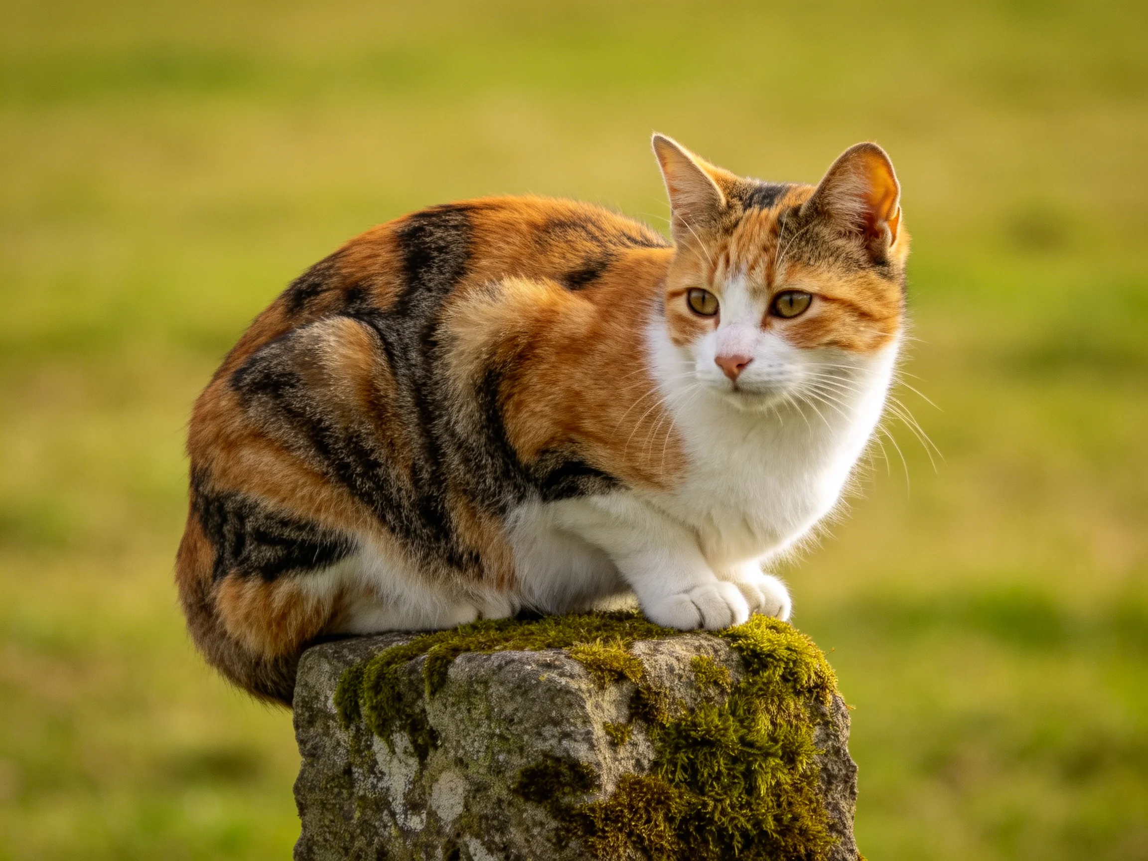 A calico cat perches on a moss-covered stone in a green field
