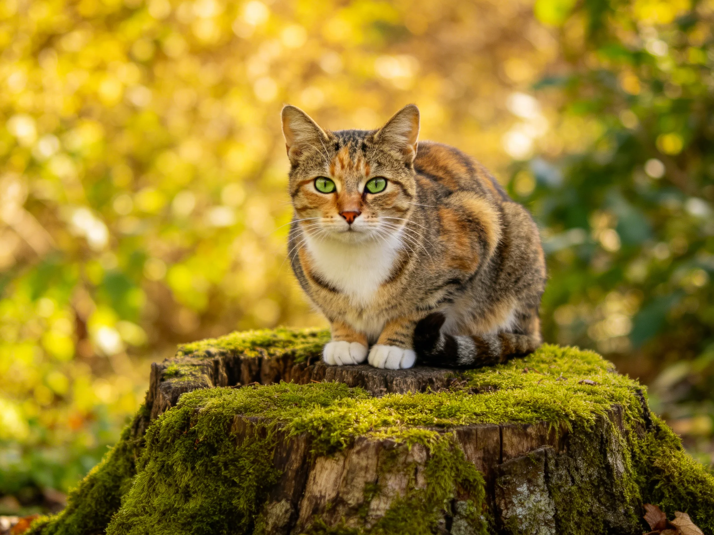 A calico cat perches on a moss-draped tree stump in golden light