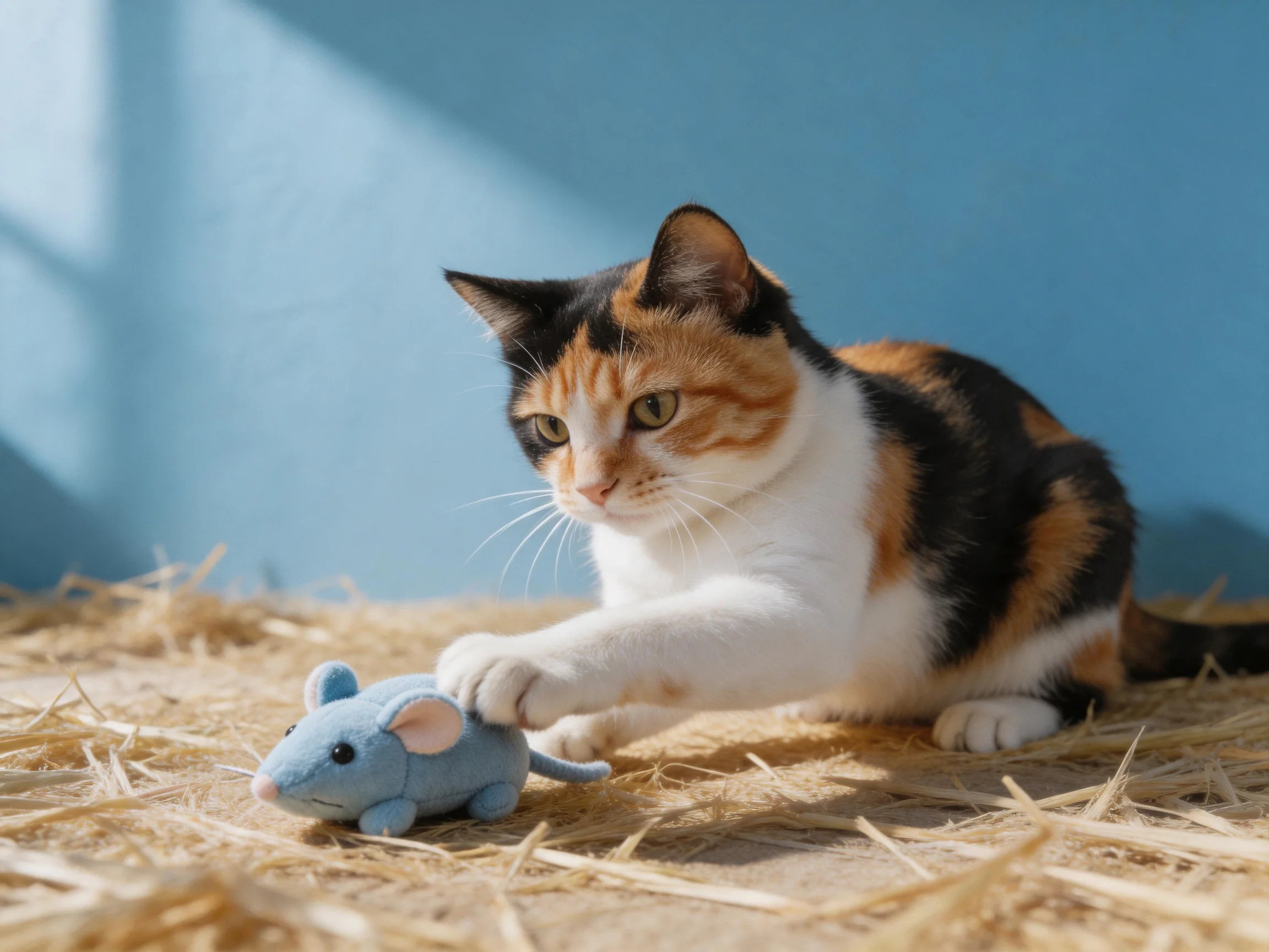 A calico cat plays with a blue stuffed mouse on straw beside a blue wall