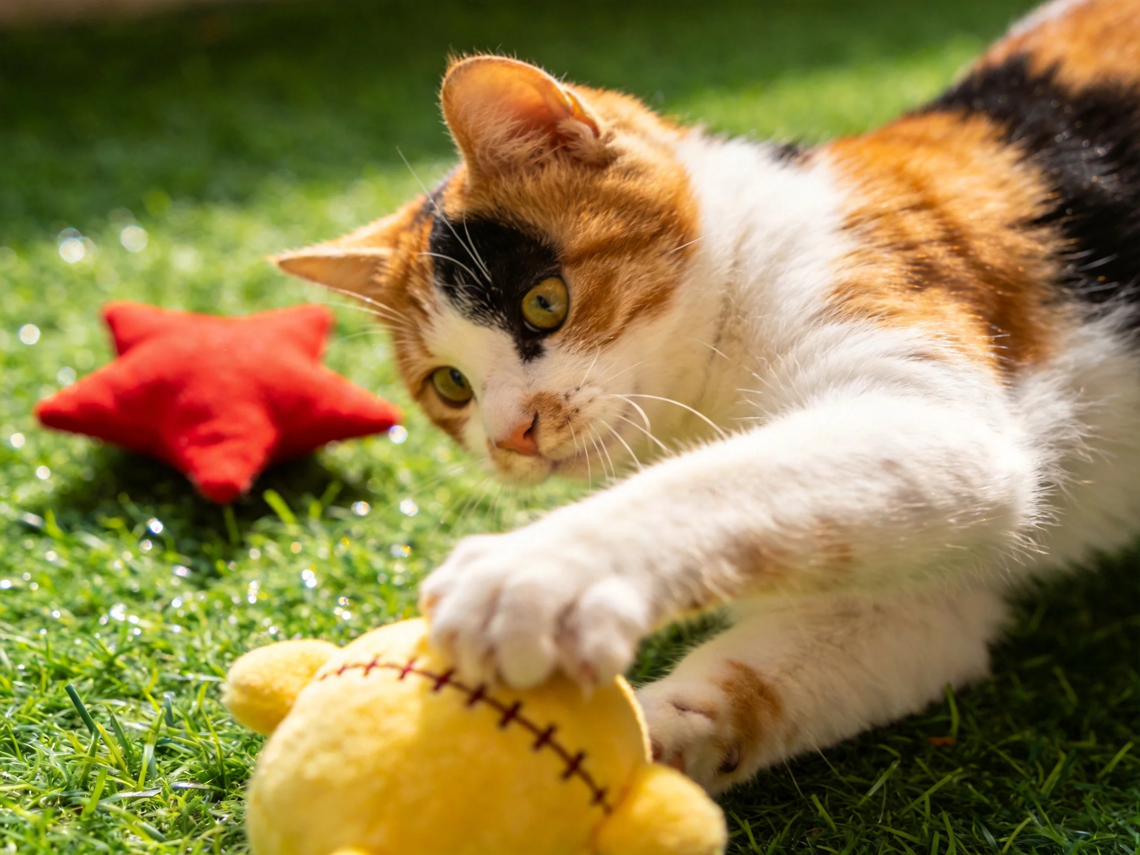 A calico cat plays with a yellow plush toy near a red star on green grass