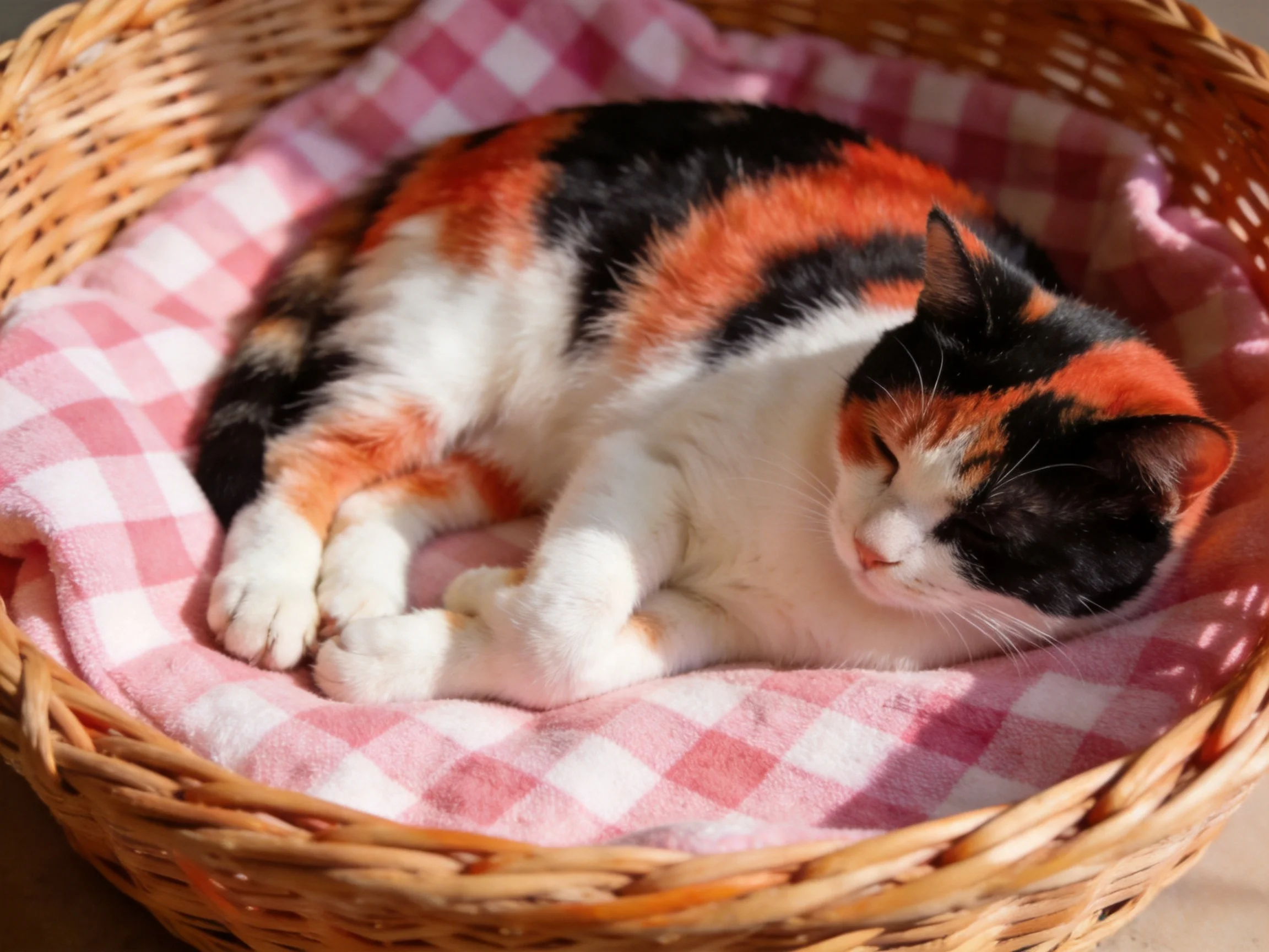 A calico cat relaxes in a wicker basket with pink checkered lining
