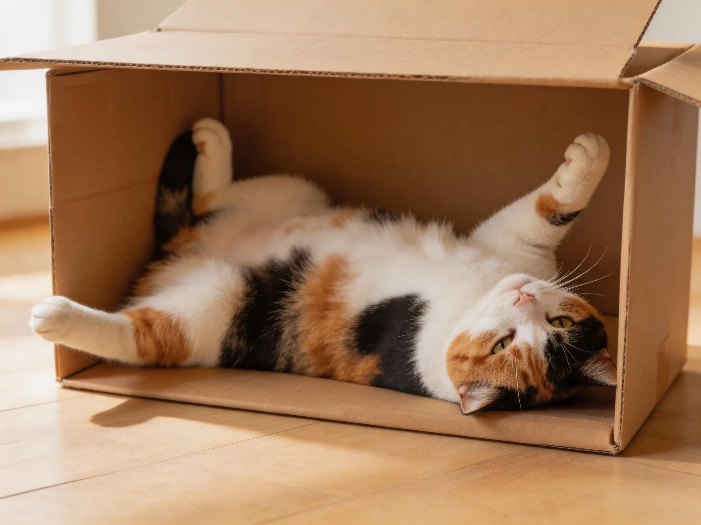 A calico cat relaxes inside an open cardboard box