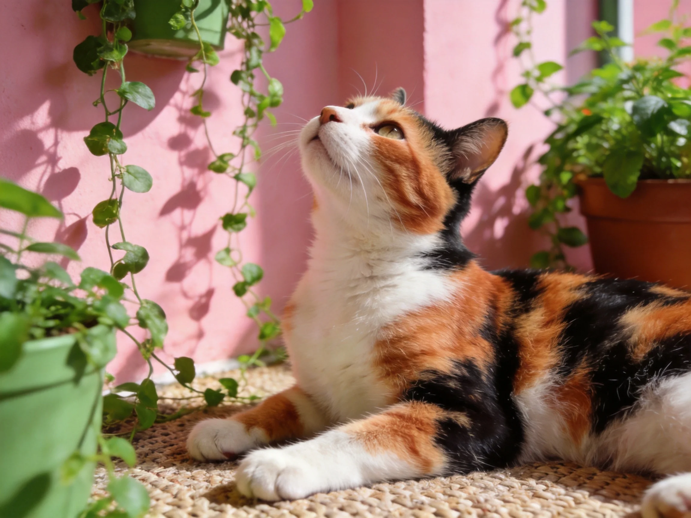 A calico cat rests near plants by a pink wall in bright sunlight.