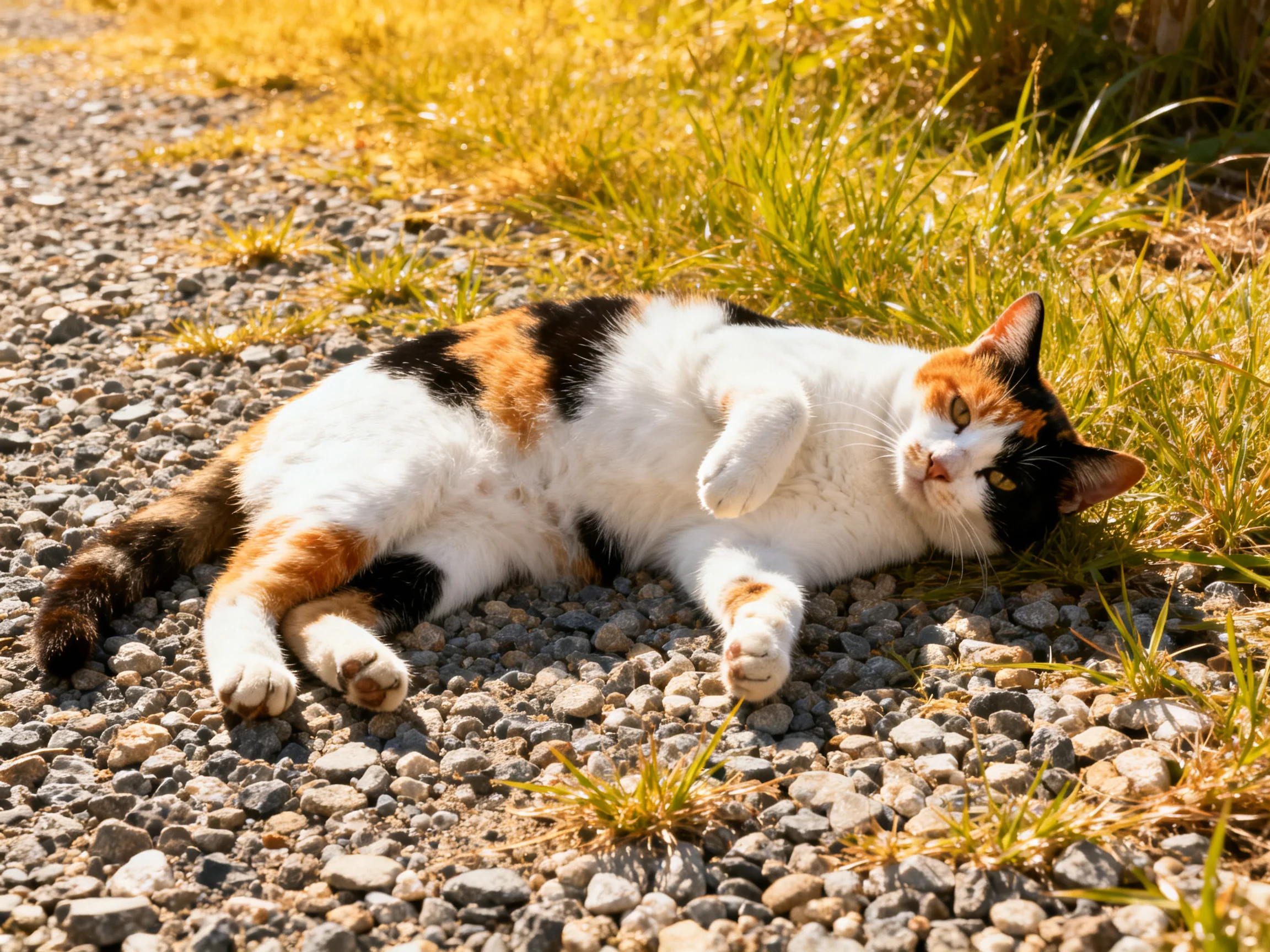 A calico cat rests on a gravel path beside tall grass.