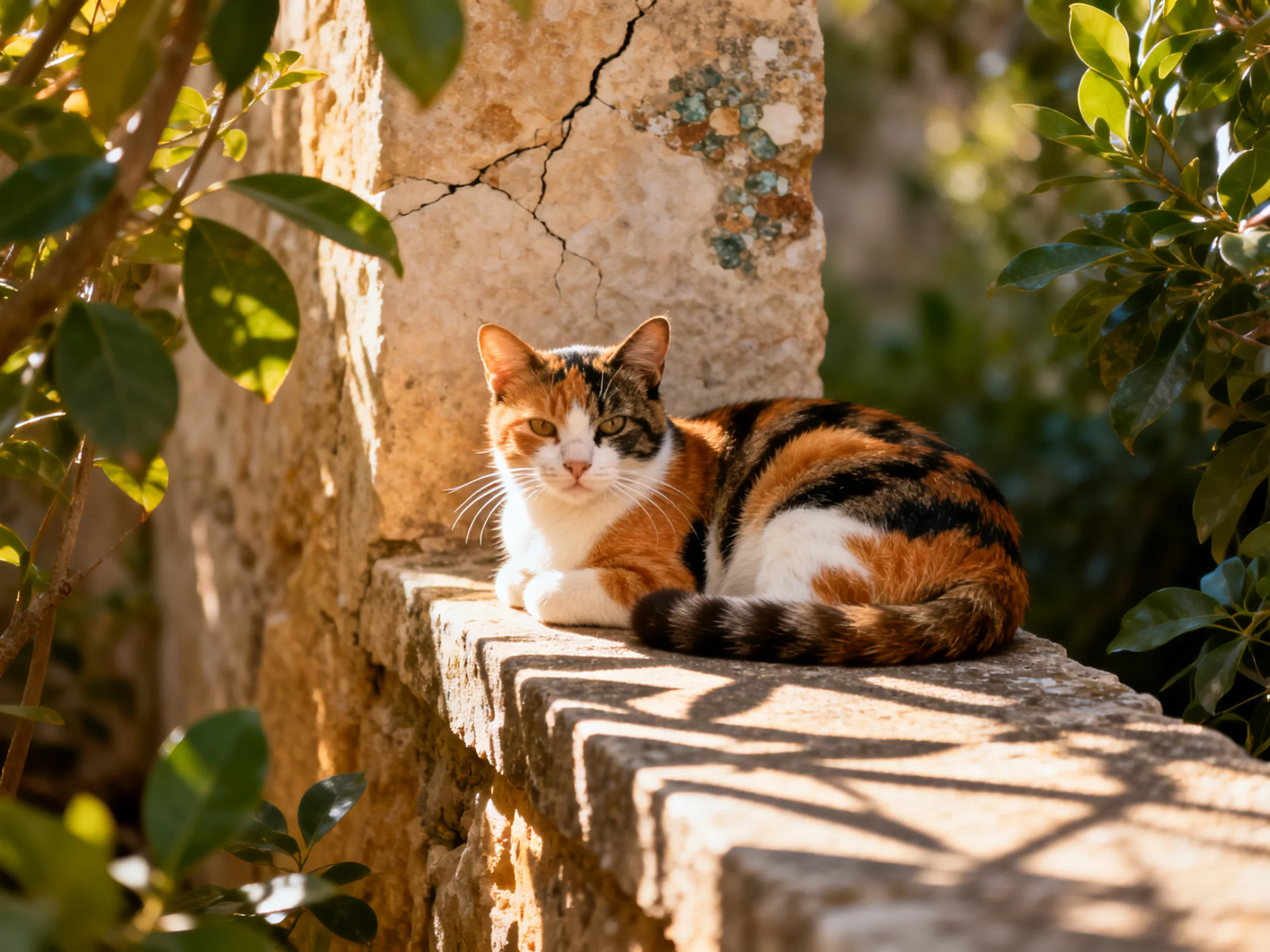 A calico cat rests on a stone ledge in a sunlit area with surrounding greenery.