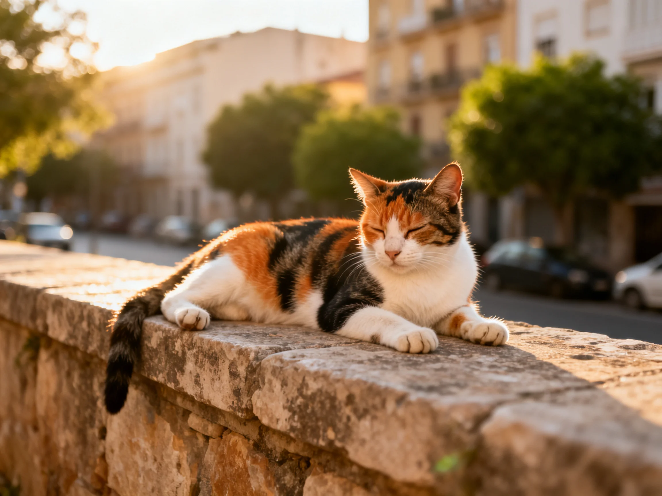 A calico cat rests on a stone wall amid a sunlit urban setting