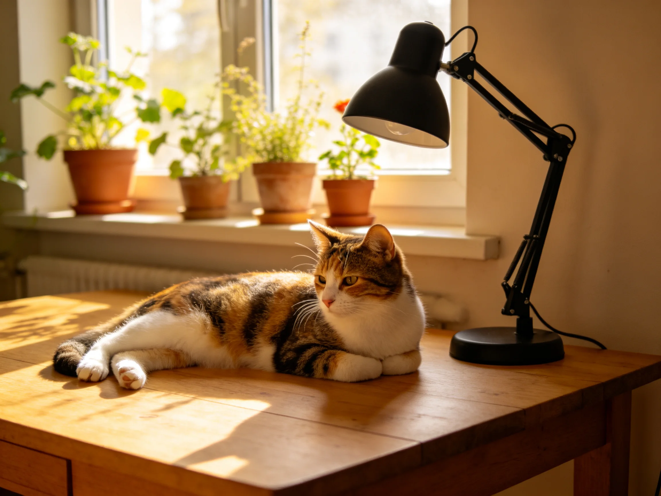 A calico cat rests on a wooden desk near a black lamp and potted plants by a sunny window.