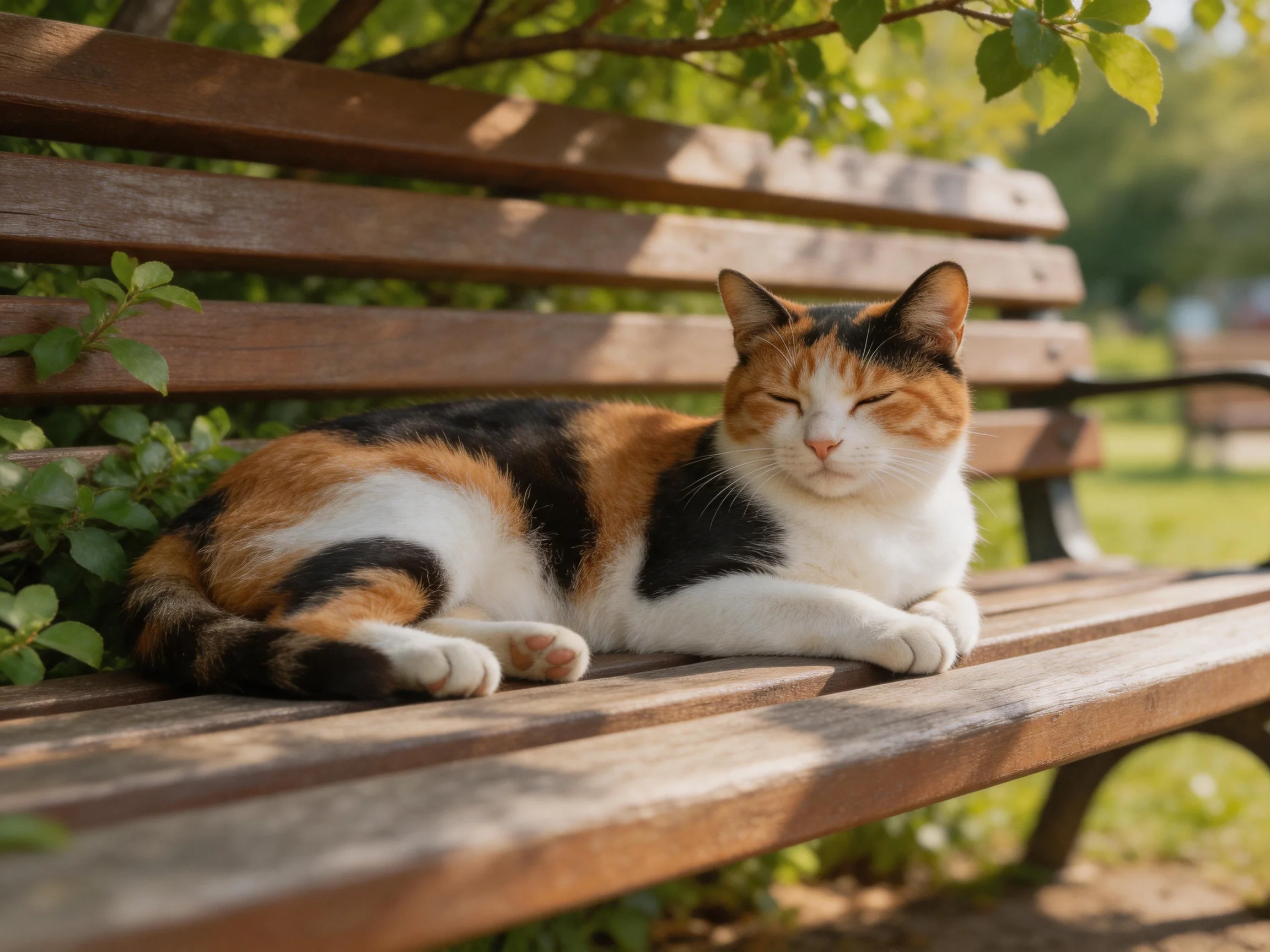 A calico cat relaxes on a wooden park bench surrounded by greenery