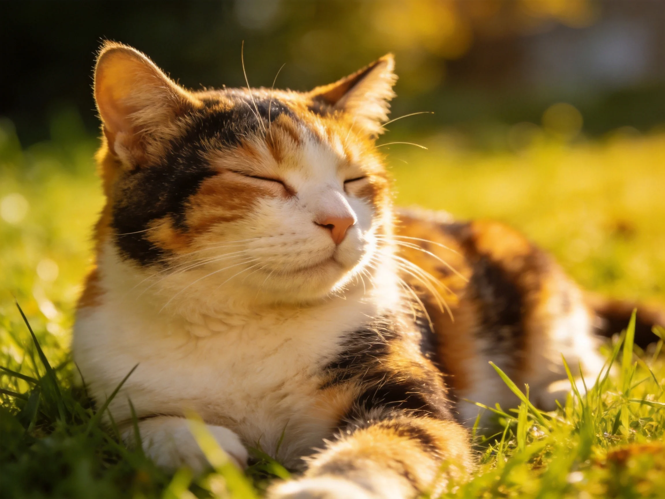 A calico cat relaxes on sun-drenched green grass with closed eyes