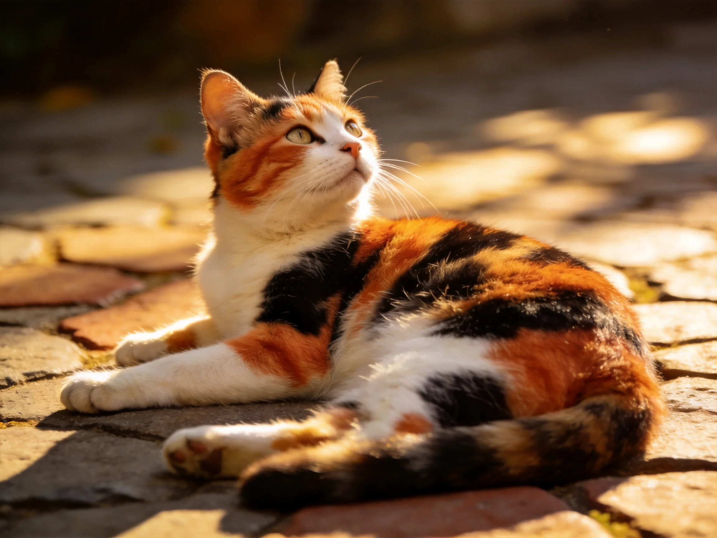 A calico cat relaxes on sunlit stone pavement with orange, black, and white fur