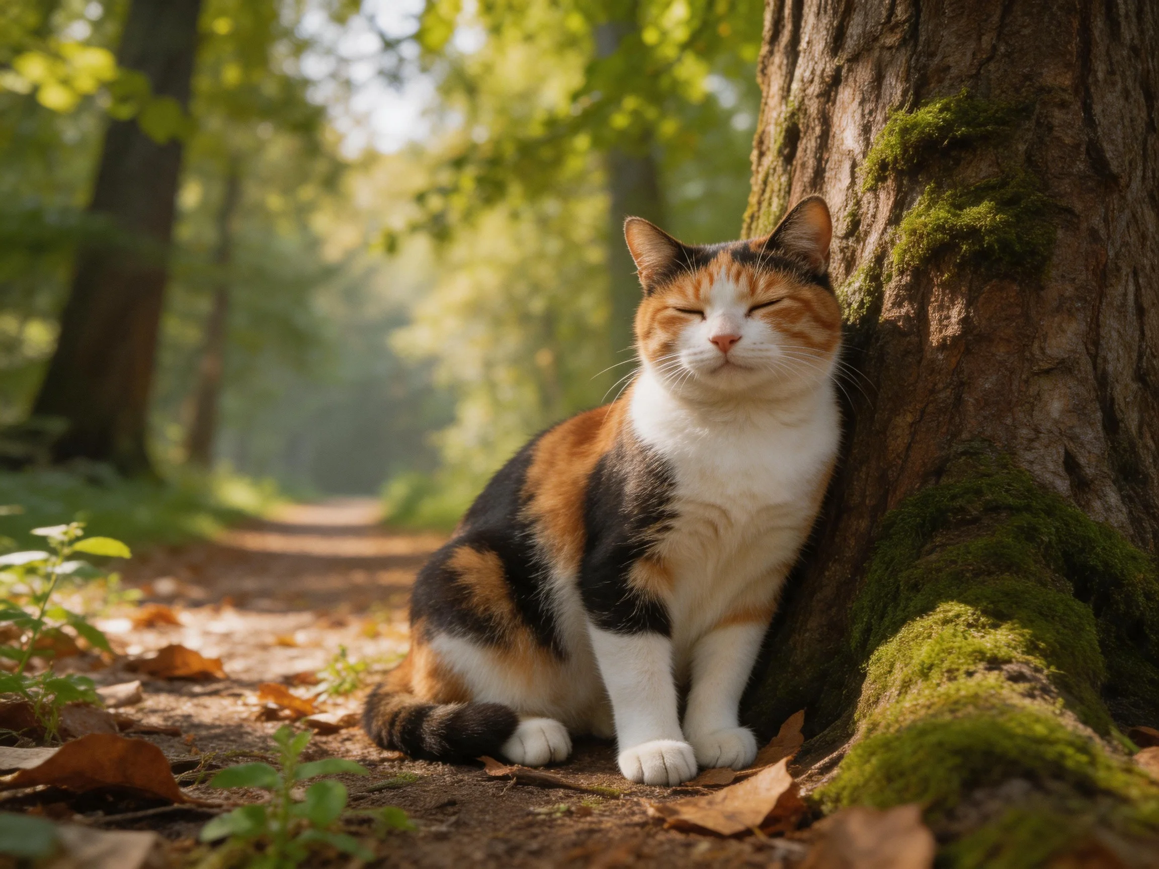 A calico cat rests against a moss-covered tree in a sunlit forest