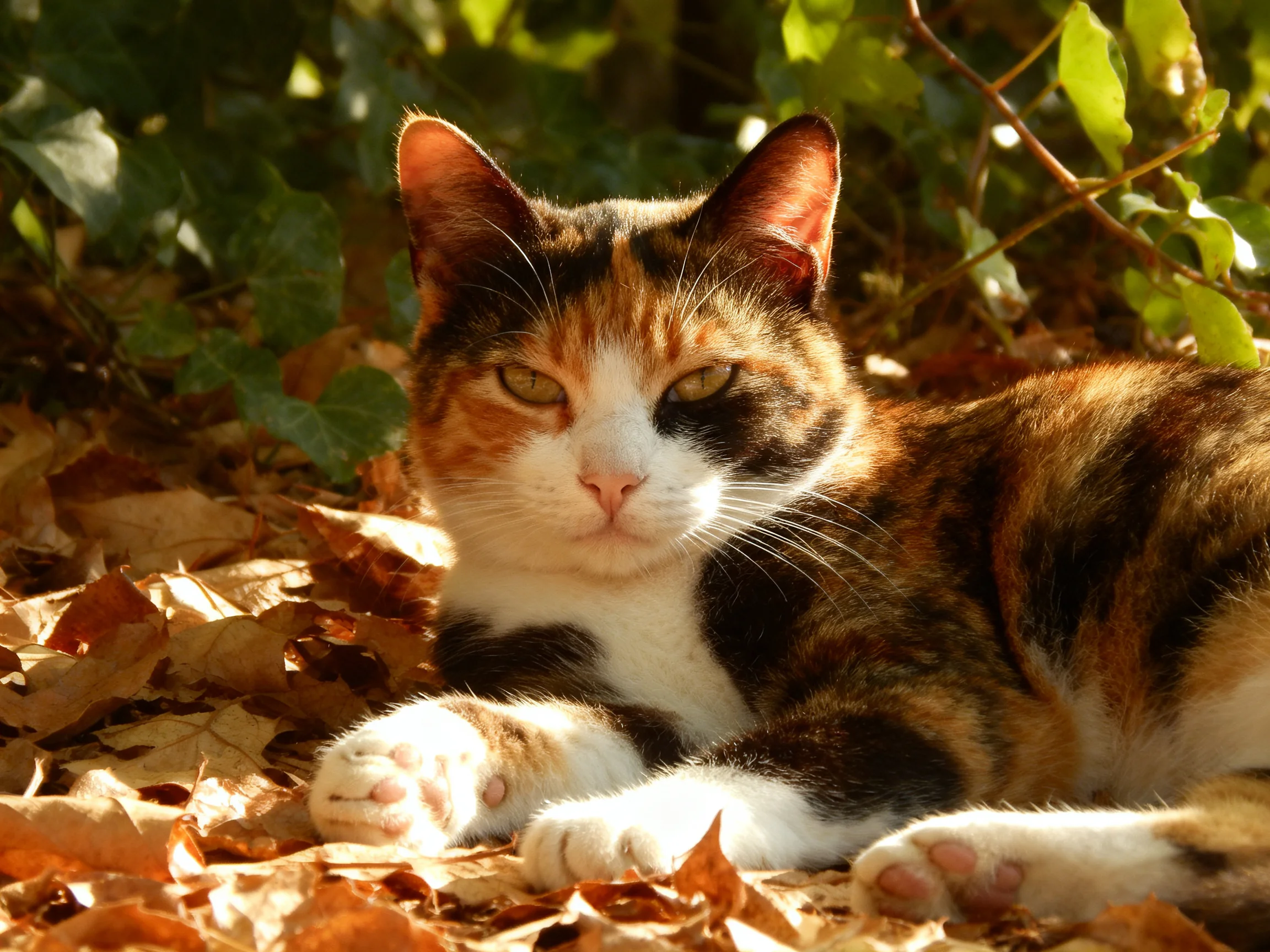 A calico cat relaxes among fallen autumn leaves in sunlit surroundings.