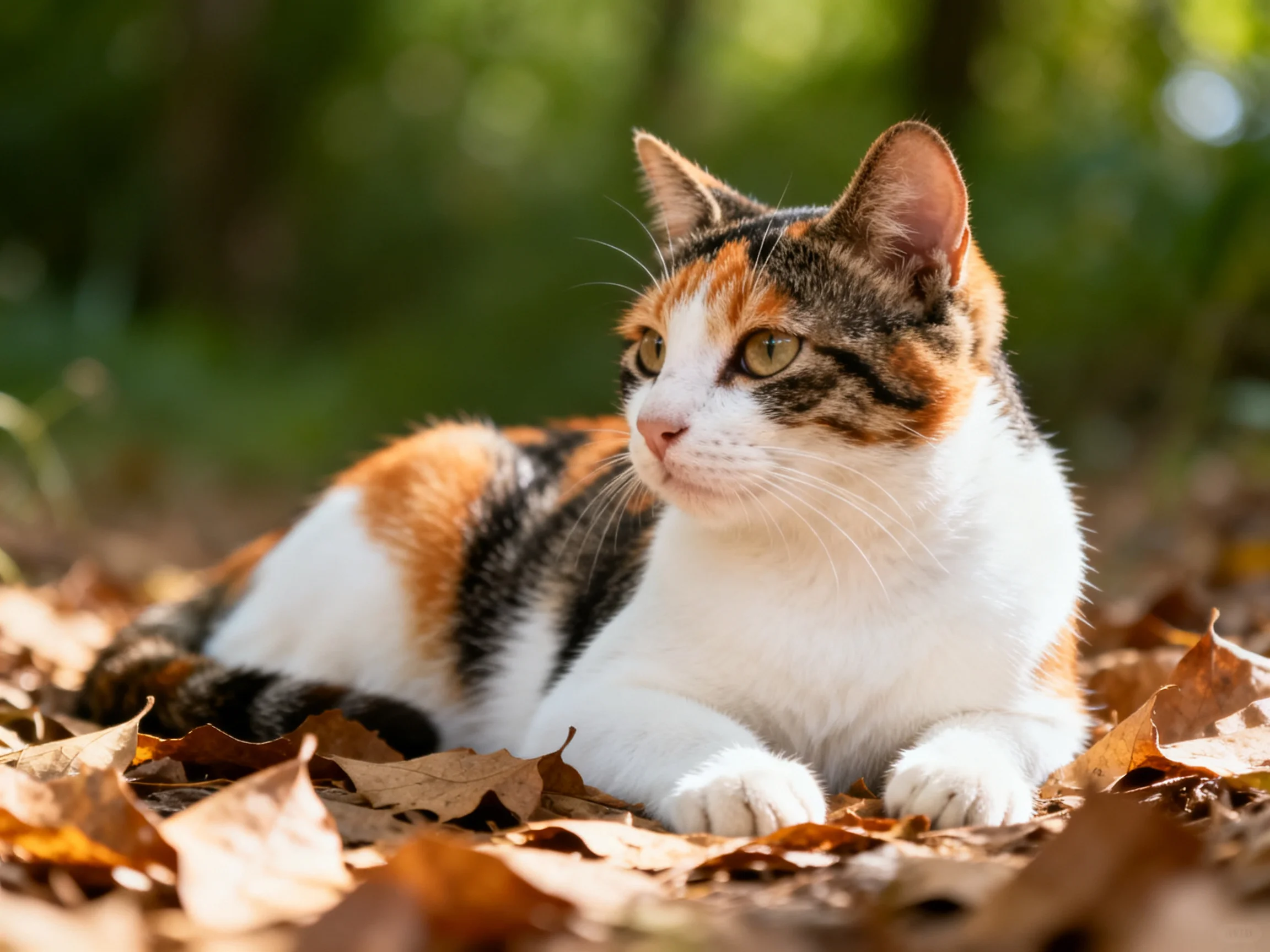 A calico cat lies on fallen leaves in a sunlit outdoor area.